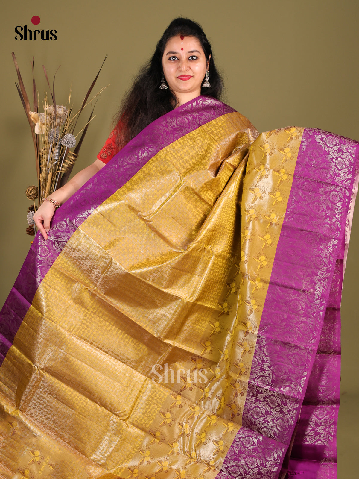 Glorious Mustard Kanjivaram silk Saree with Nestling brocade & Purple Border -1