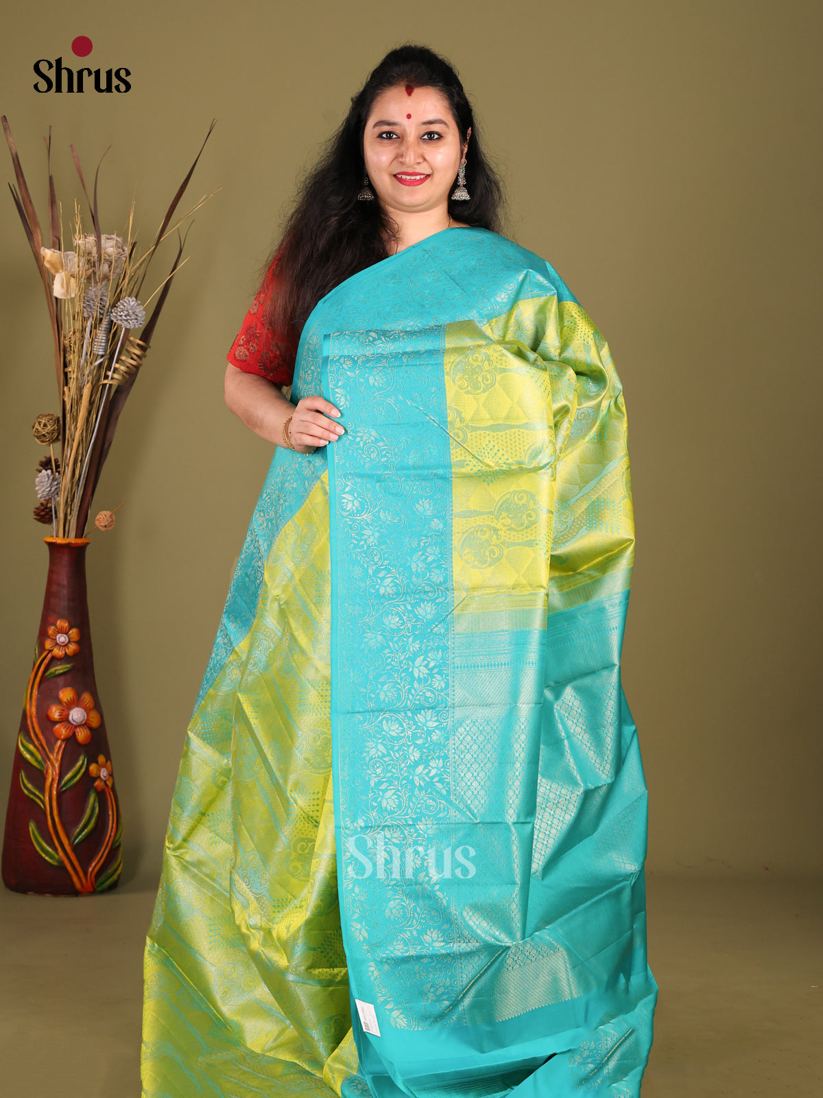 Light Green & Blue  Kanchipuram silk Saree with floral brocade 