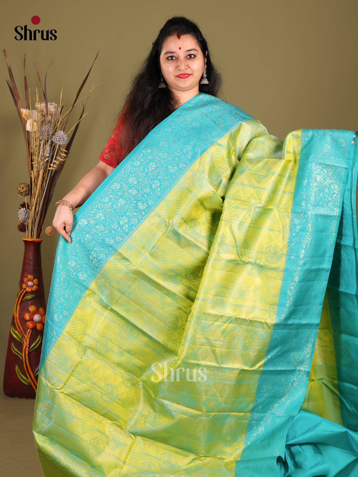 Light Green & Blue  Kanchipuram silk Saree with floral brocade -1