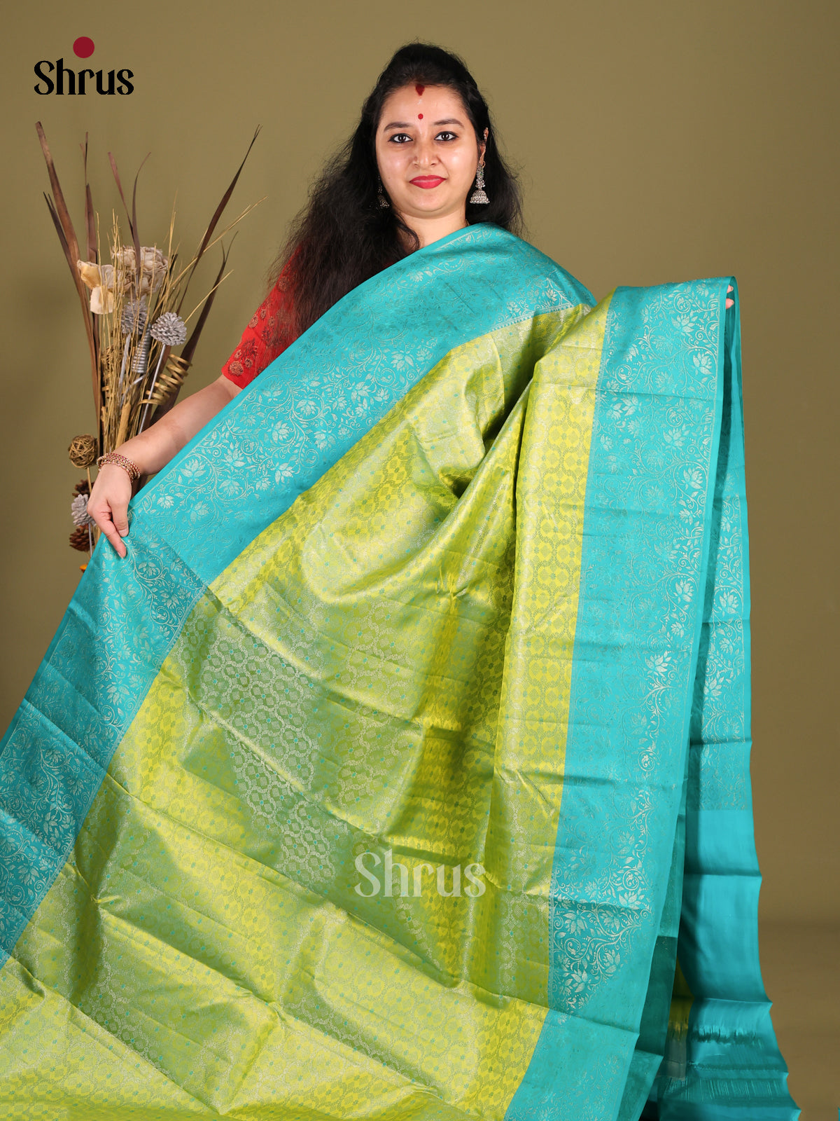 Light Green & Blue Kanchipuram silk Saree gleams with zari brocade -1