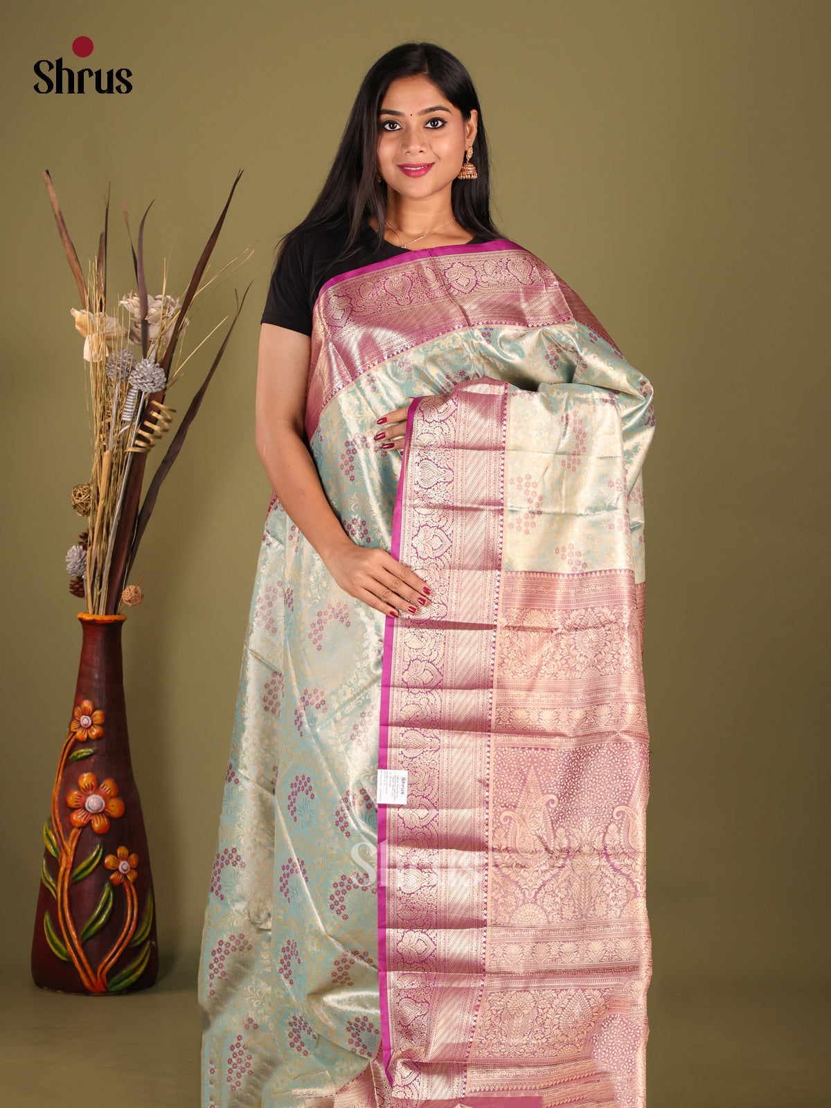 Pastel Blue & Purple- Kanchipuram-halfpure Saree - Shop on Shrus.com