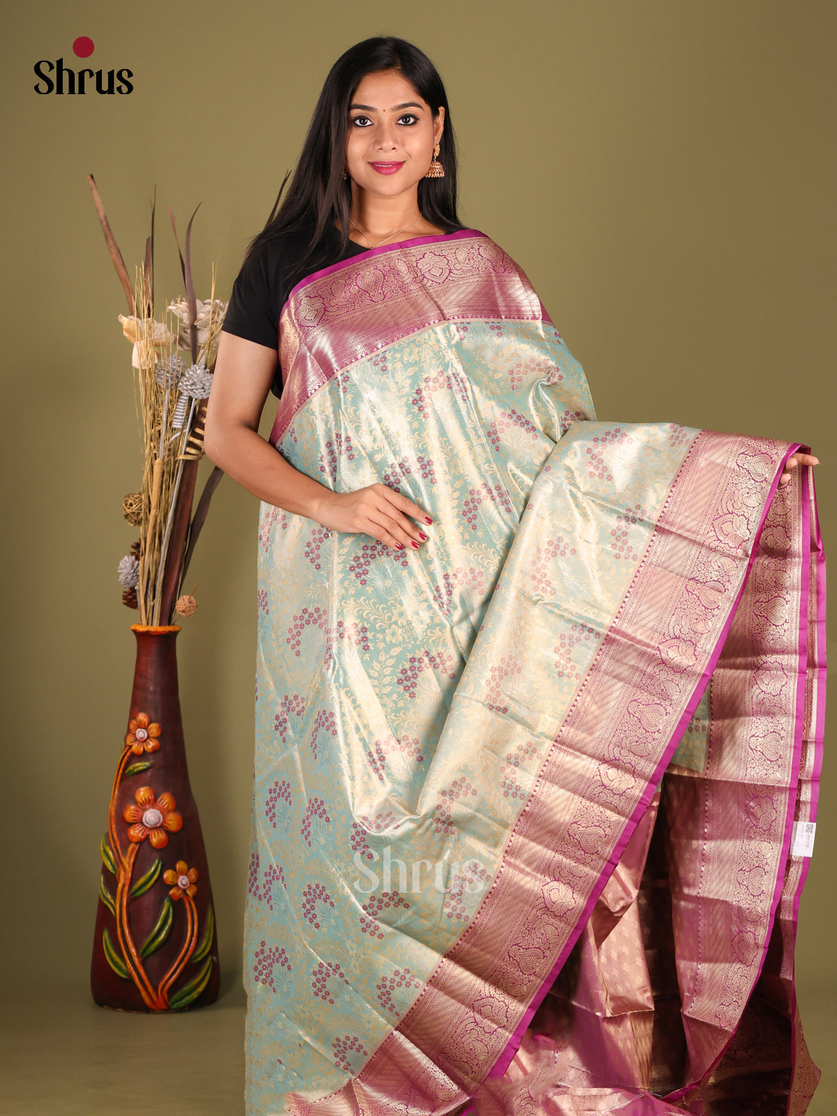 Pastel Blue & Purple- Kanchipuram-halfpure Saree - Shop on Shrus.com