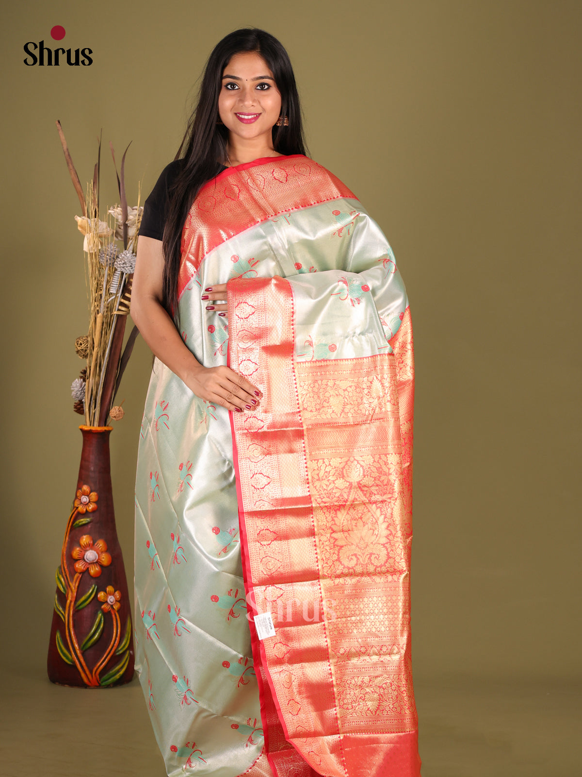Pastel Blue & Red - Kanchipuram-halfpure Saree 