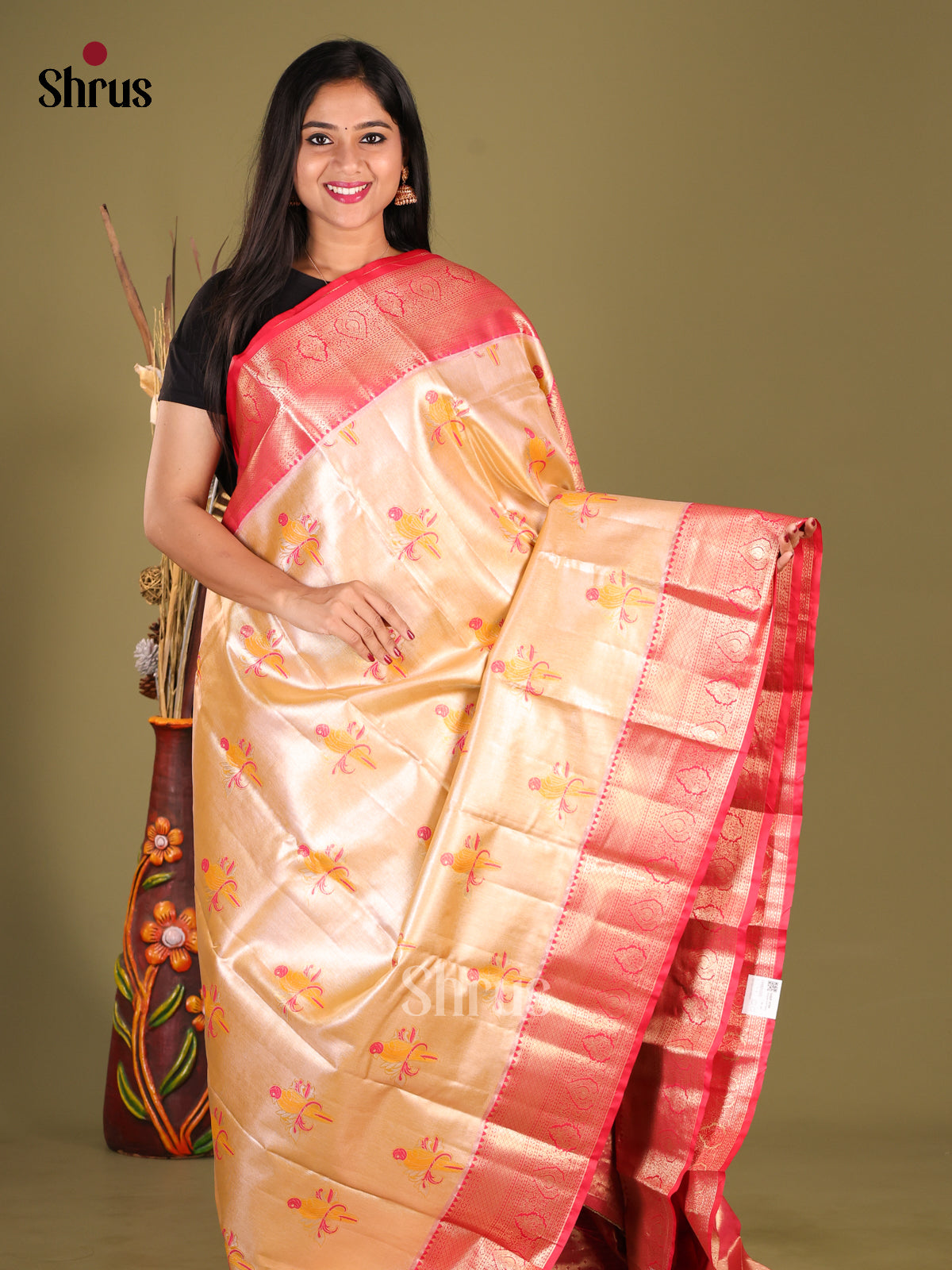 Cream & Pink - Kanchipuram-halfpure Saree 1