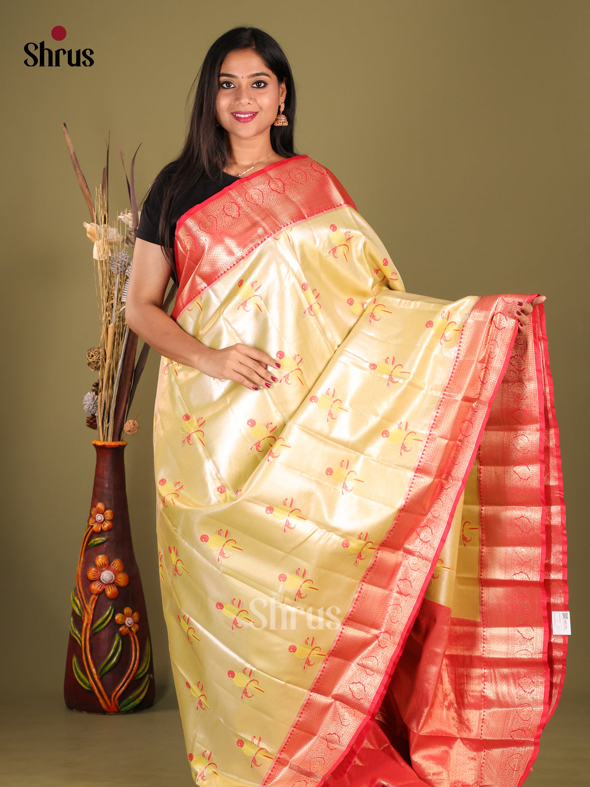 Yellow & Red - Kanchipuram-halfpure Saree - Shop on Shrus.com