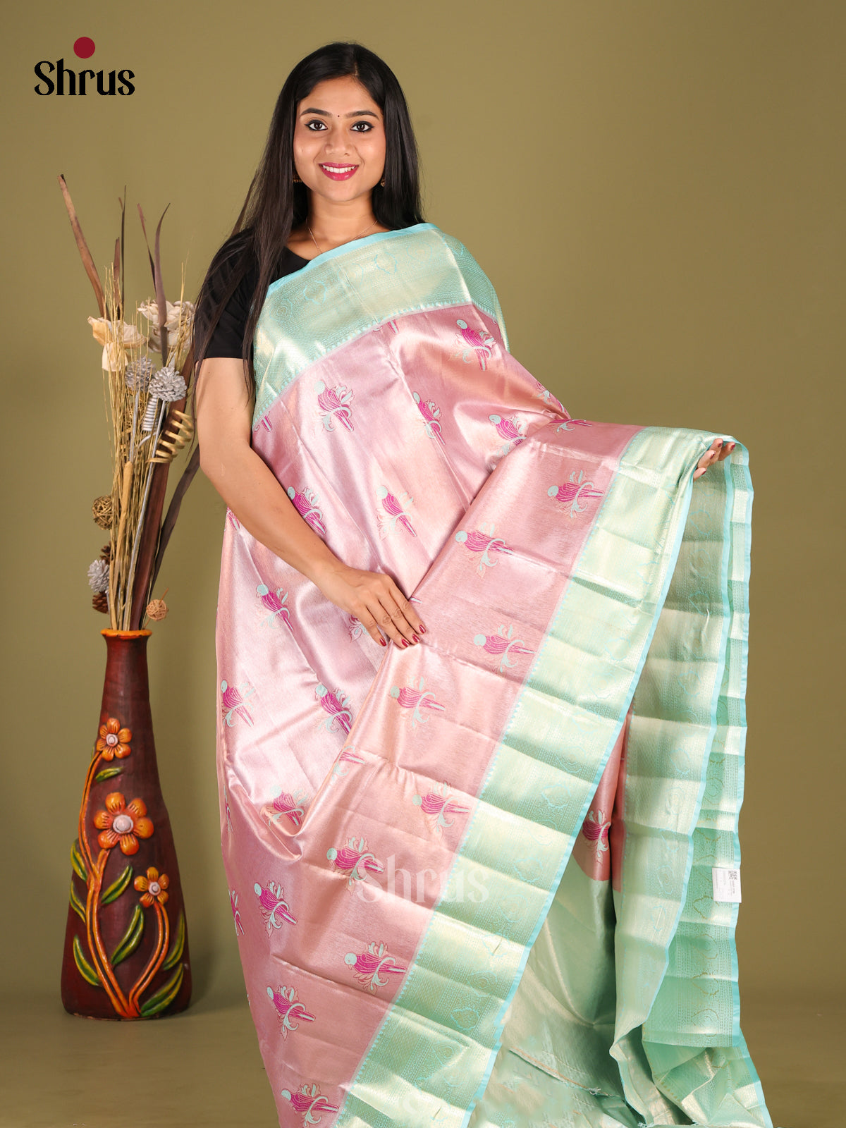 Pink & Ice Blue- Kanchipuram-halfpure Saree - Shop on Shrus.com