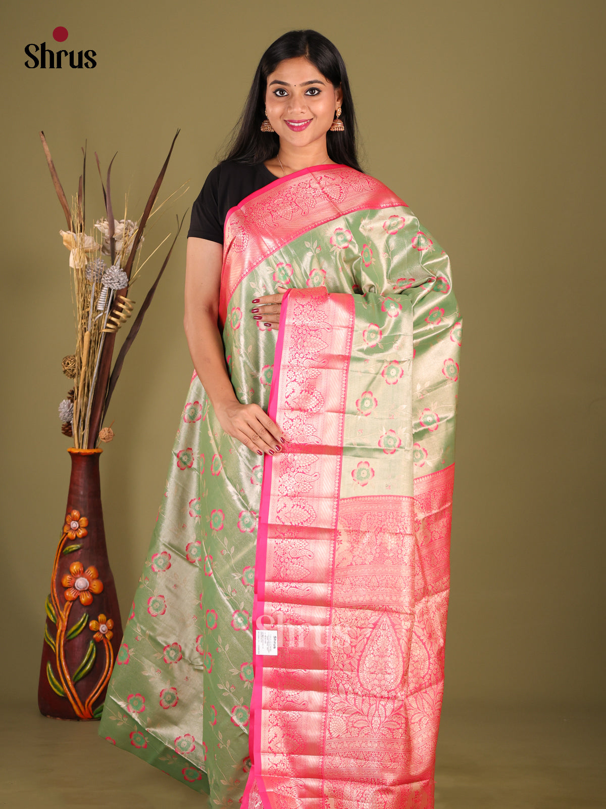 Green & pink - Kanchipuram-halfpure Saree