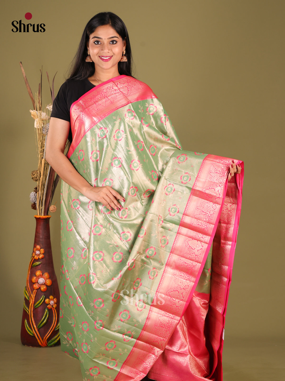 Green & pink - Kanchipuram-halfpure Saree 1
