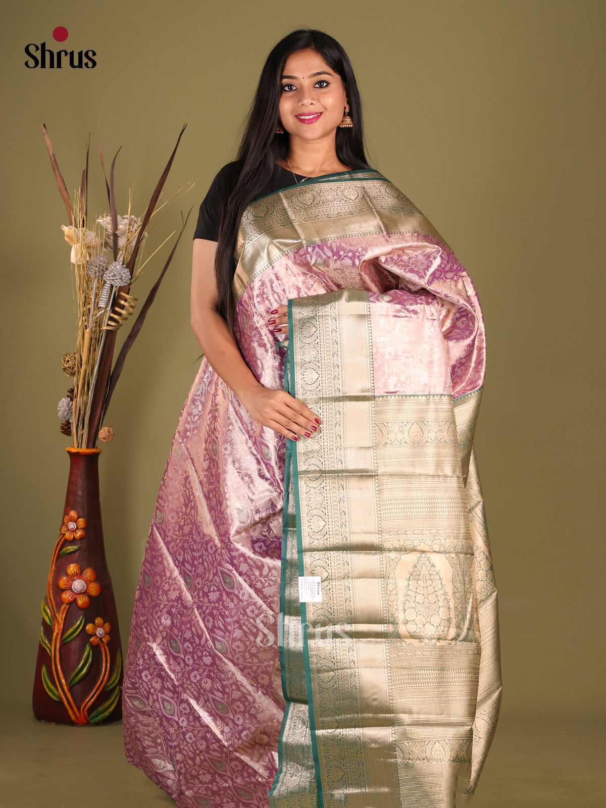 Purple & Green - Kanchipuram-halfpure Saree - Shop on Shrus.com