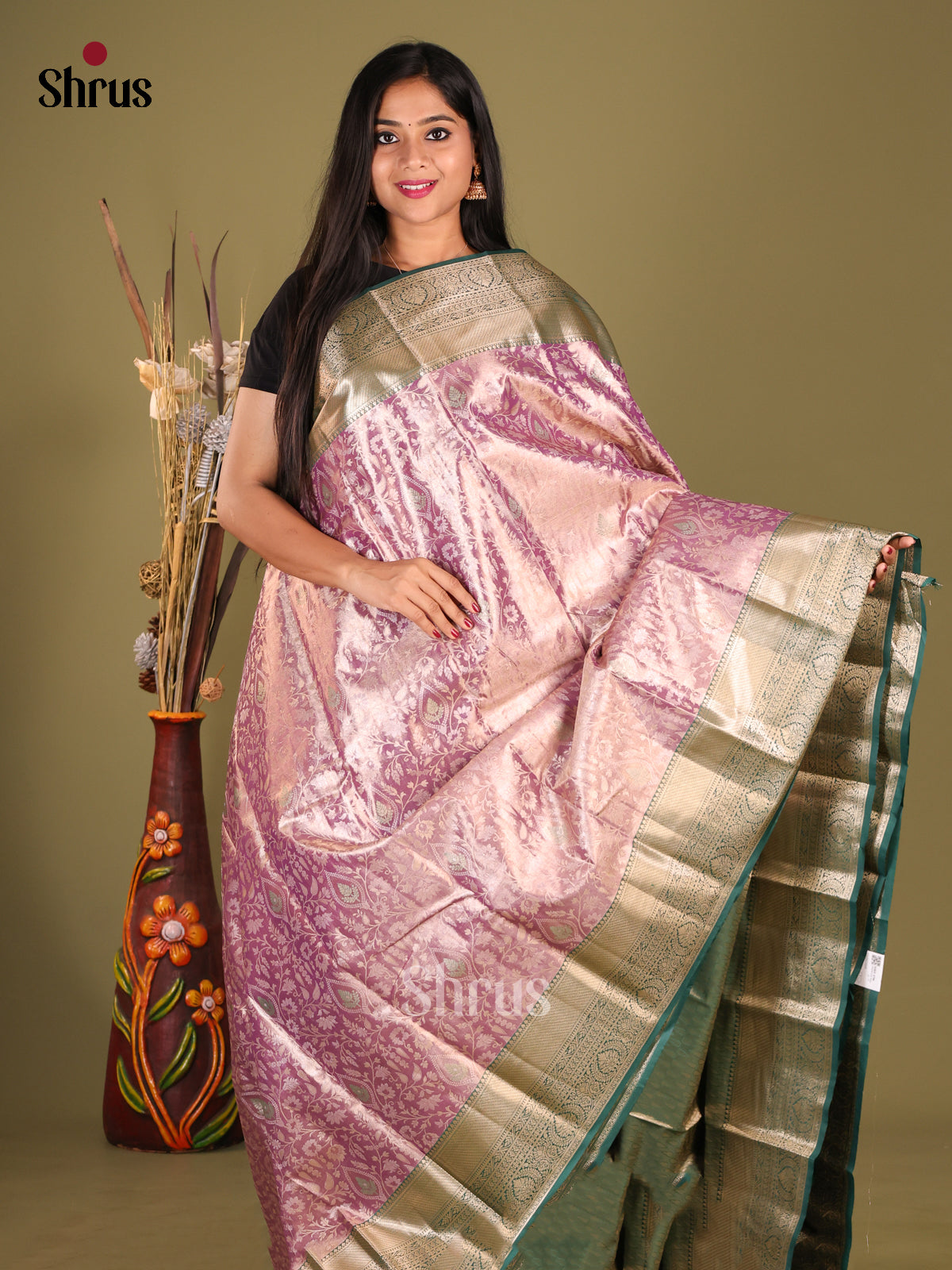 Purple & Green - Kanchipuram-halfpure Saree - Shop on Shrus.com