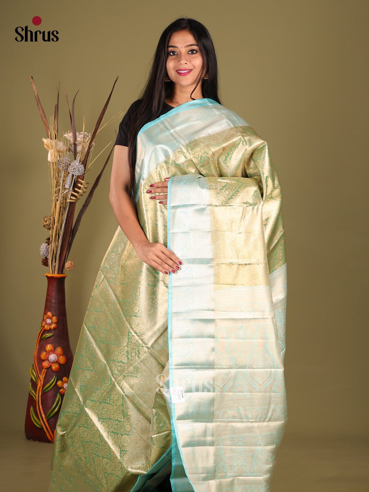 Pastel Green & Blue - Kanchipuram-halfpure Saree - Shop on Shrus.com