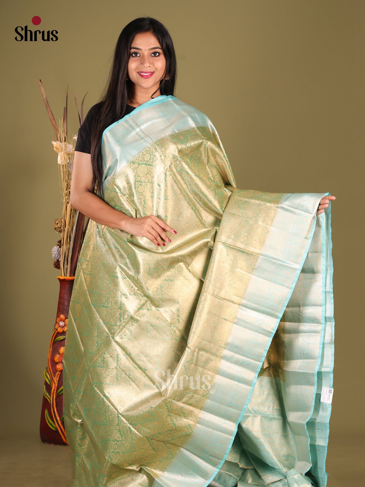 Pastel Green & Blue - Kanchipuram-halfpure Saree - Shop on Shrus.com