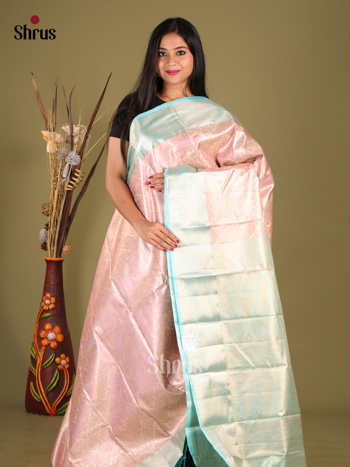 Pink & Light Blue  Kanchipuram halfpure Saree
