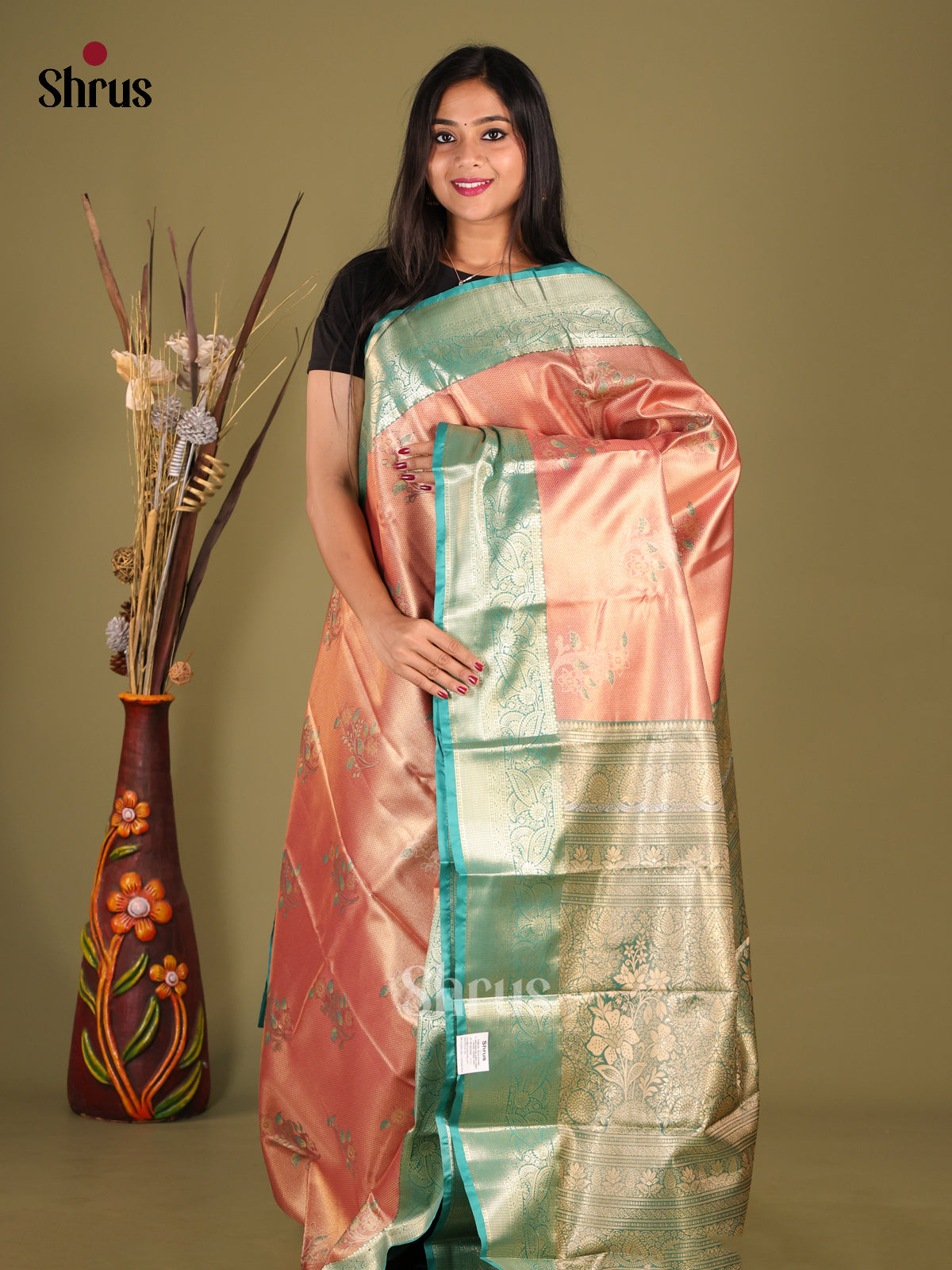 Peachish Pink & Blue - Kanchipuram-halfpure Saree - Shop on Shrus.com