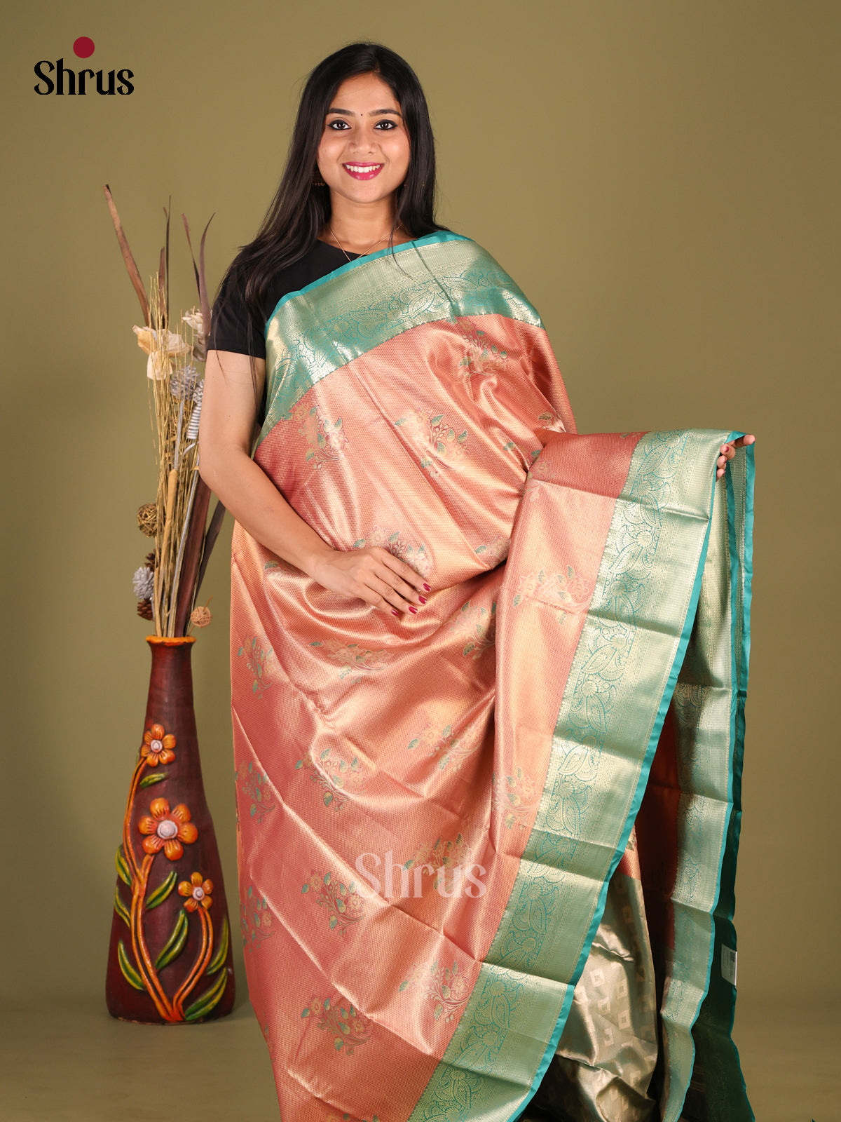 Peachish Pink & Blue - Kanchipuram-halfpure Saree - Shop on Shrus.com