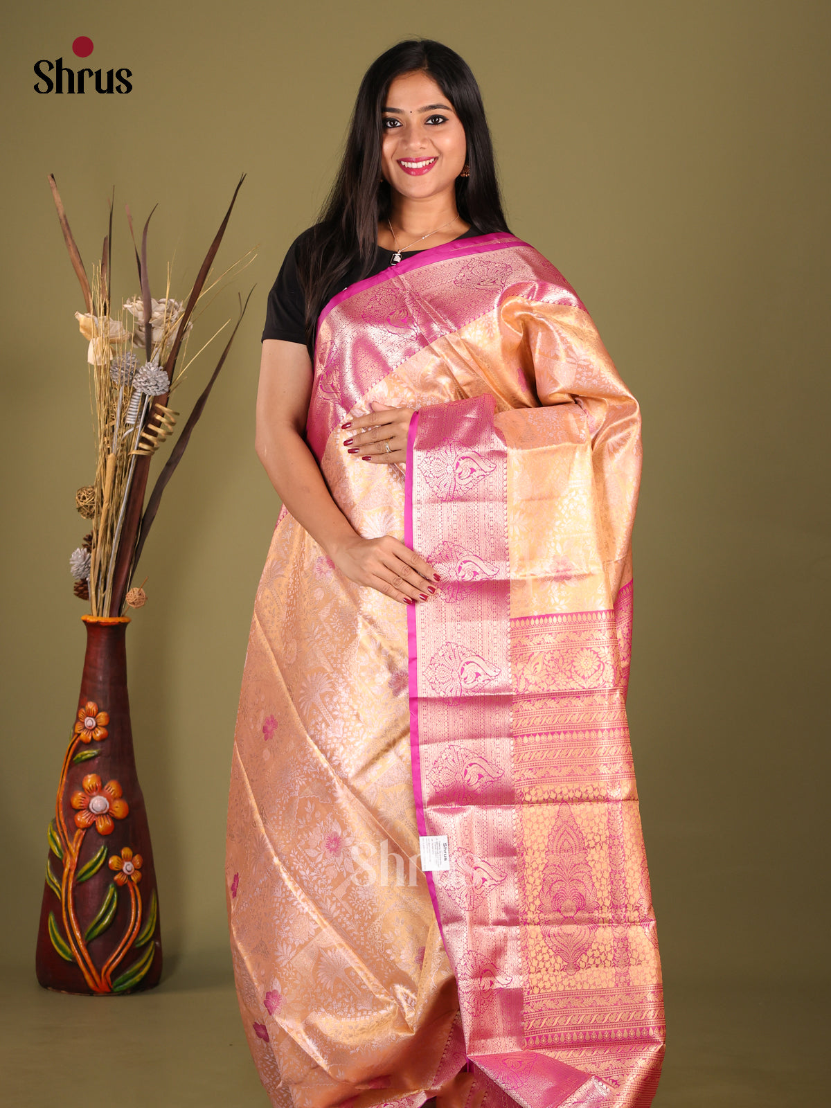 Peach & Majenta - Kanchipuram-halfpure Saree