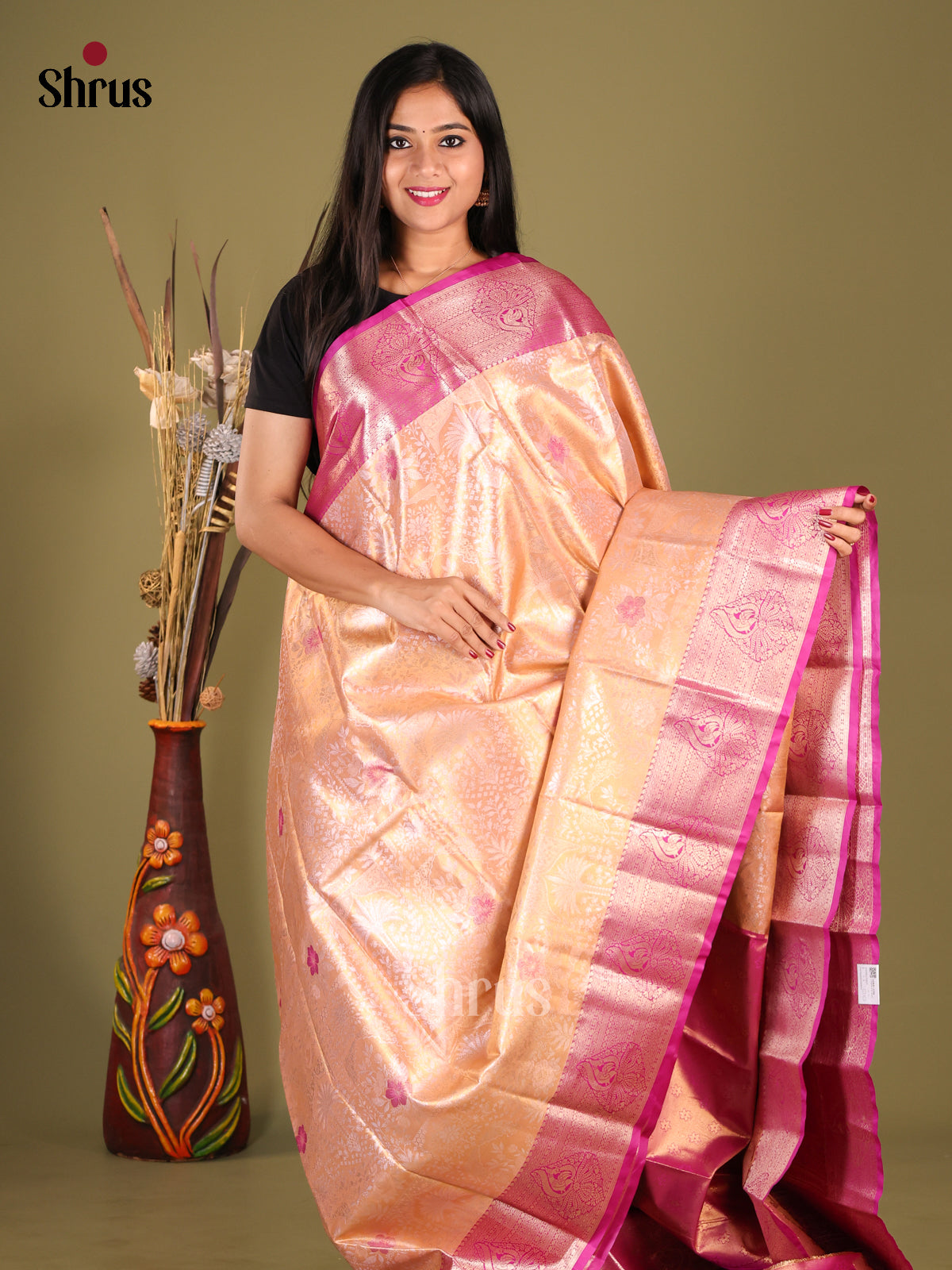 Peach & Majenta - Kanchipuram-halfpure Saree 1