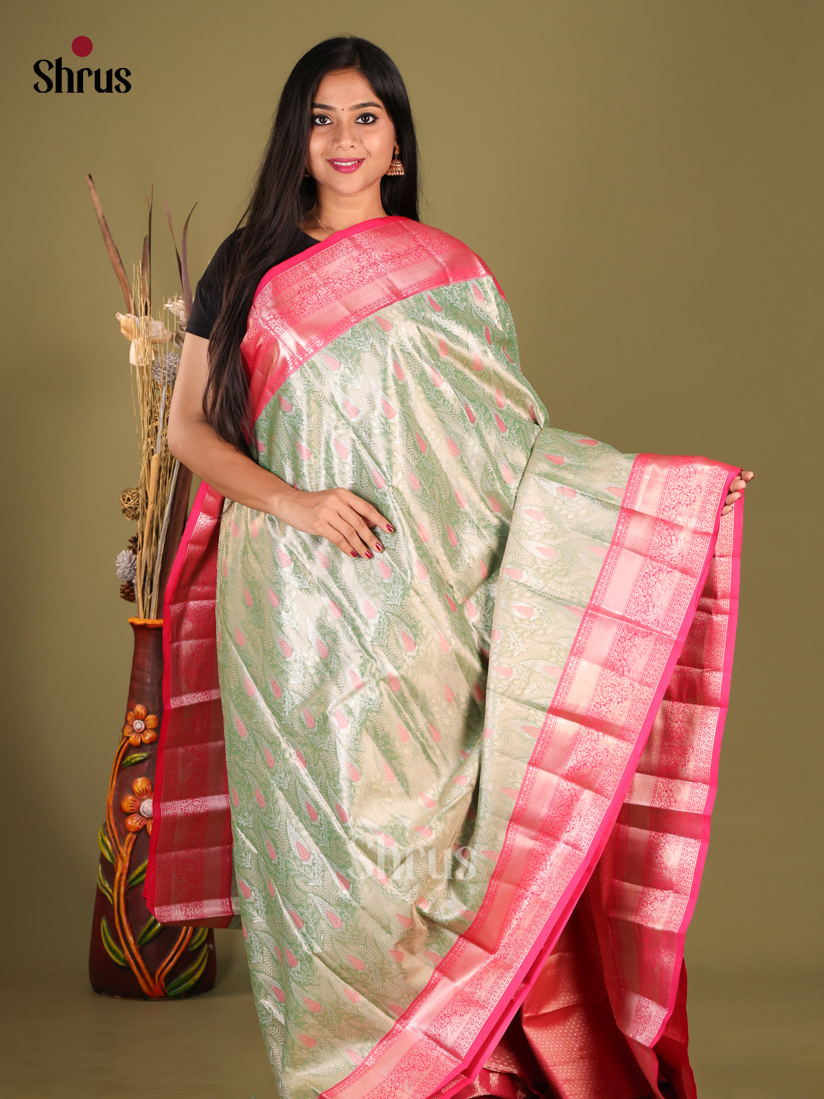Pastel Green & Pink - Kanchipuram-halfpure Saree - Shop on Shrus.com