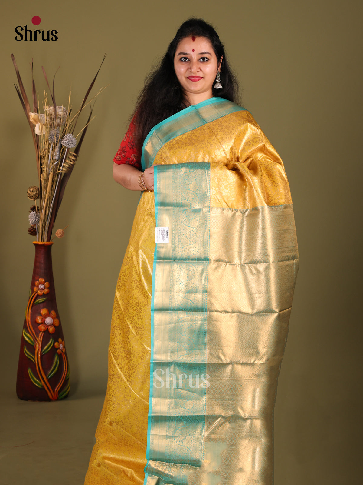 Yellow & Blue - Kanchipuram-halfpure Saree - Shop on Shrus.com