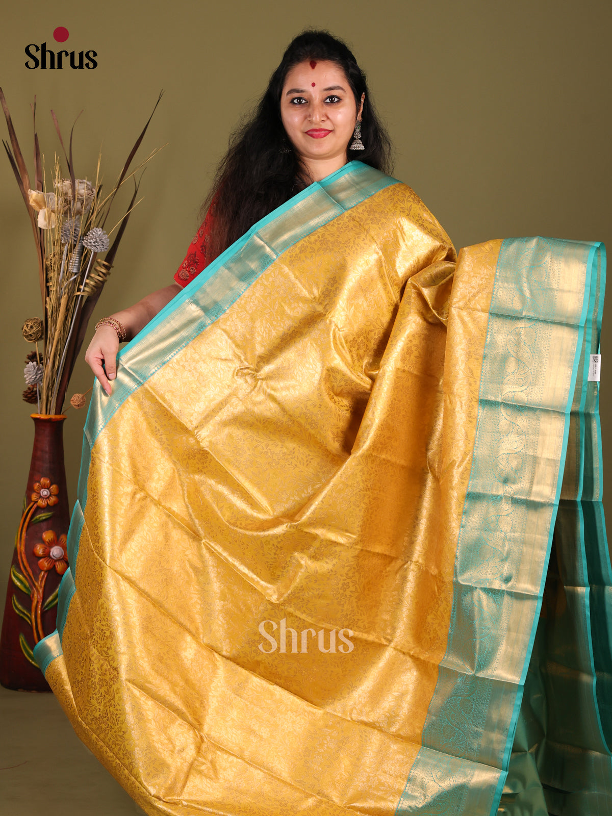 Yellow & Blue - Kanchipuram-halfpure Saree - Shop on Shrus.com