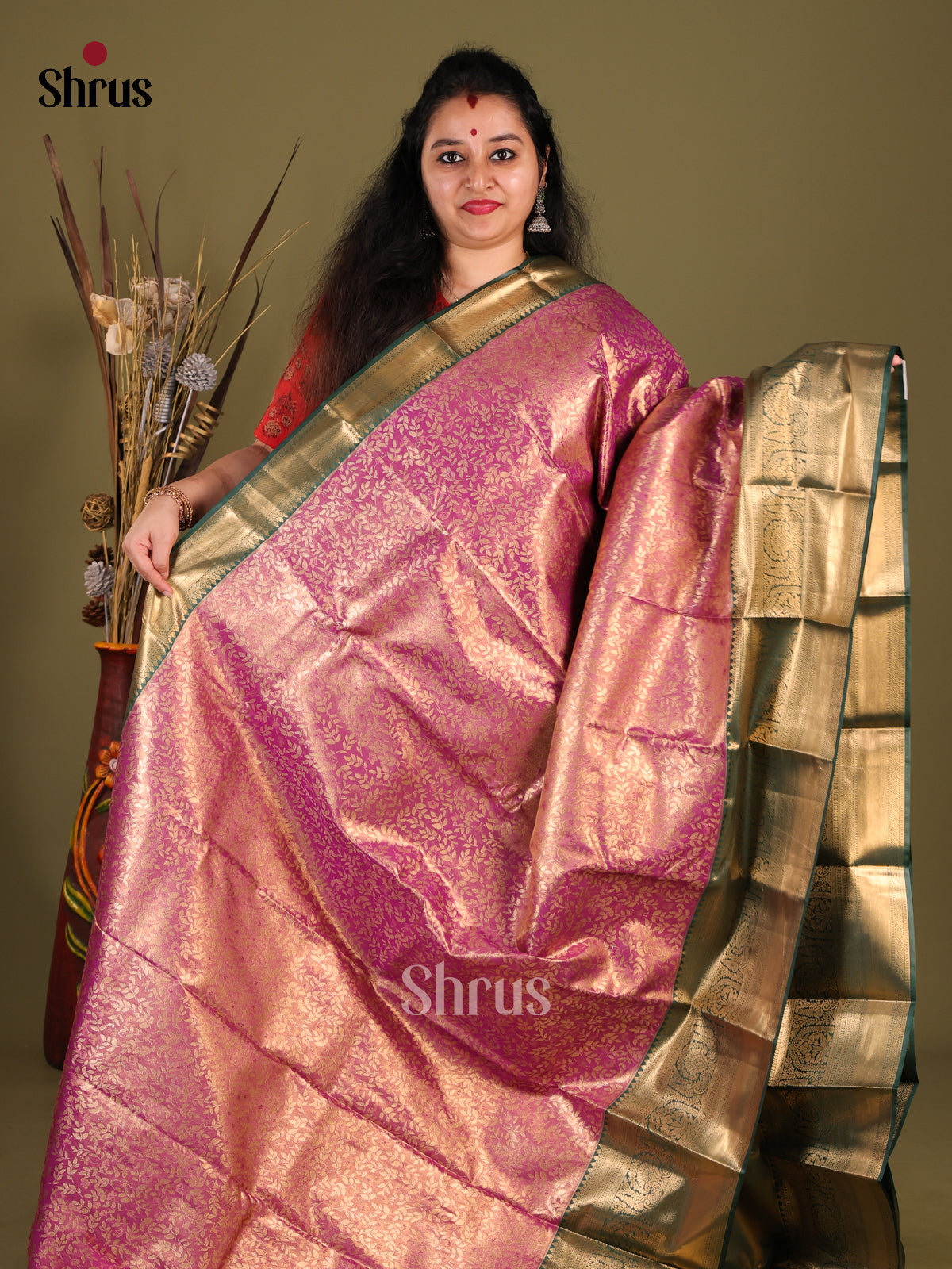 Purple  & Green - Kanchipuram-halfpure Saree - Shop on Shrus.com