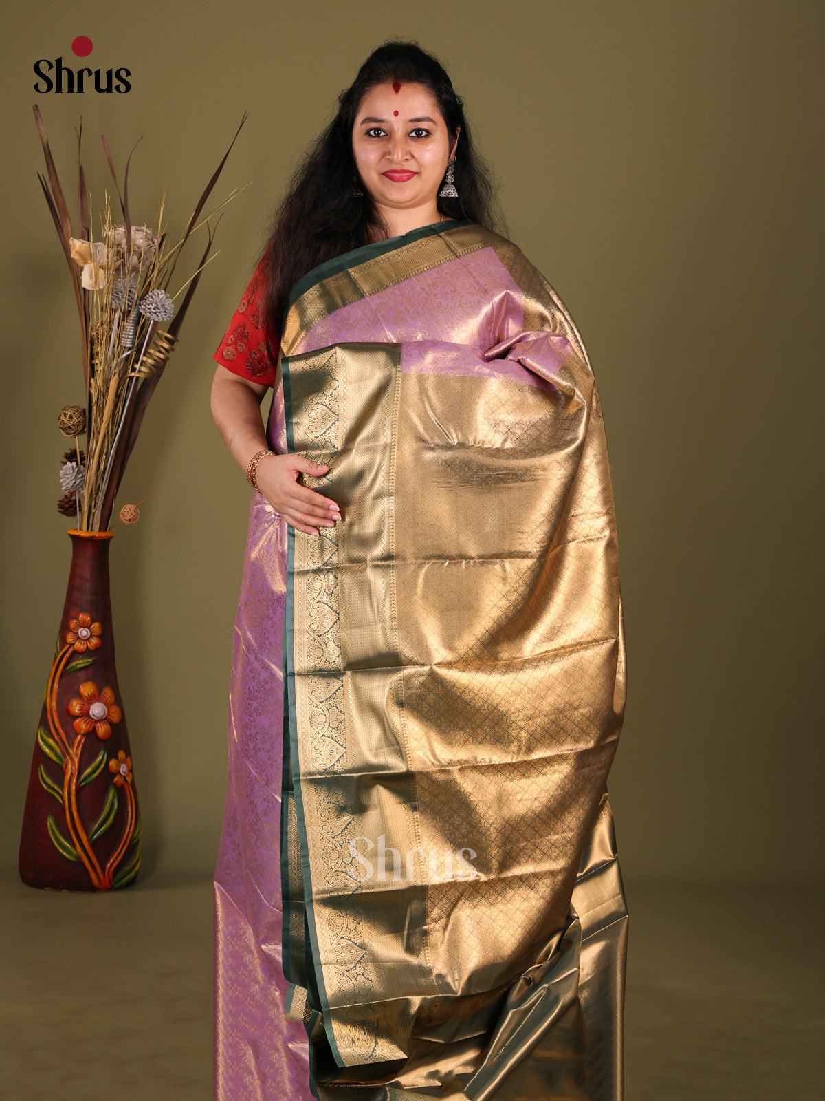Lavender & Green - Kanchipuram-halfpure Saree - Shop on Shrus.com