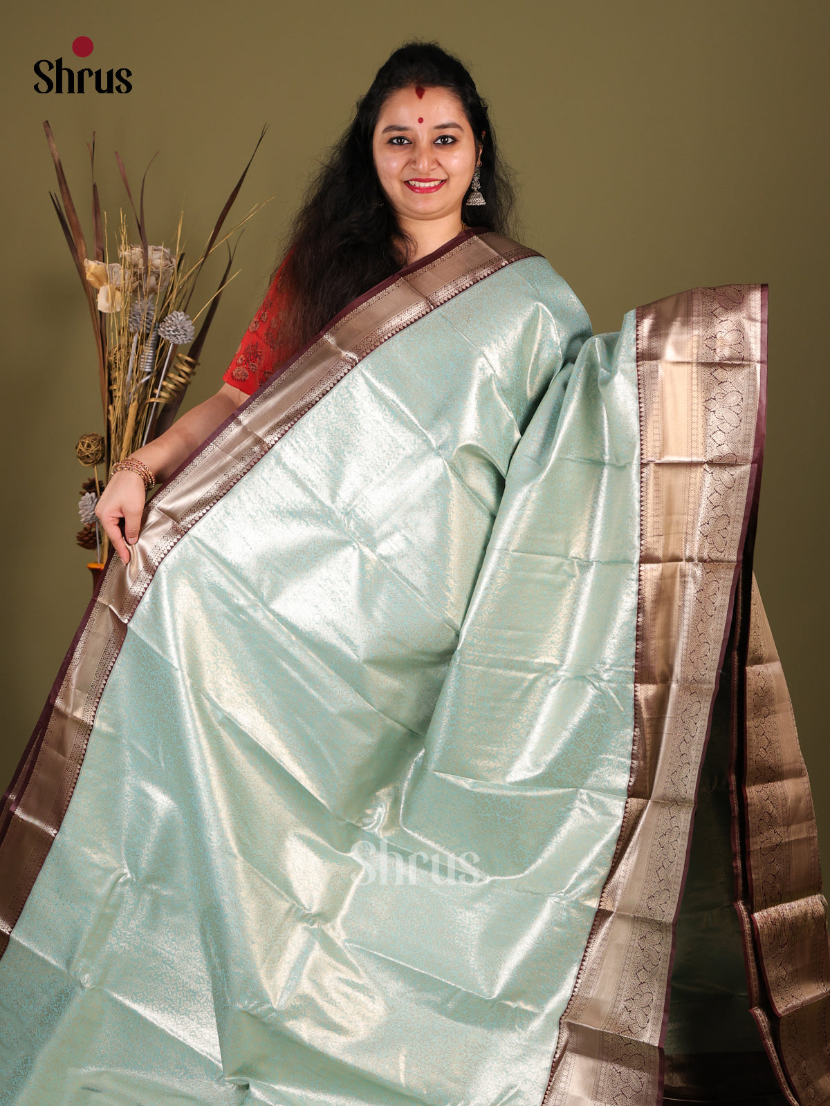 Light Blue & Brown- Kanchipuram-halfpure Saree - Shop on Shrus.com