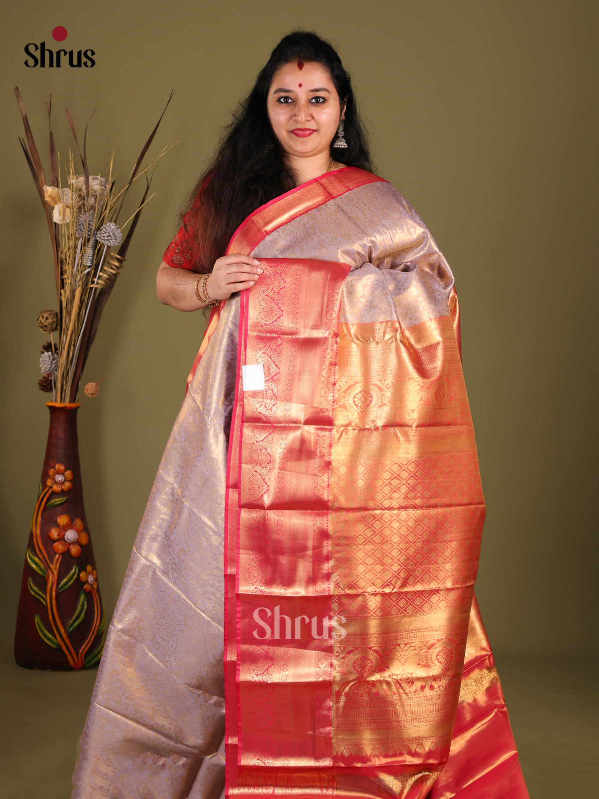 Lavender & Red - Kanchipuram-halfpure Saree - Shop on Shrus.com