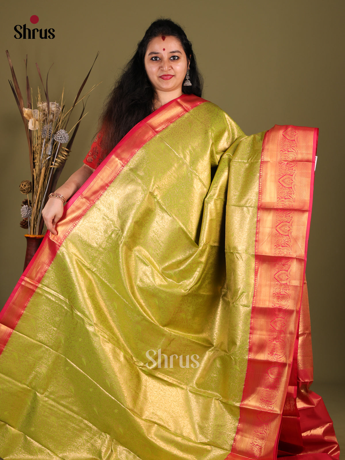 Light Green  & Red - Kanchipuram-halfpure Saree - Shop on Shrus.com