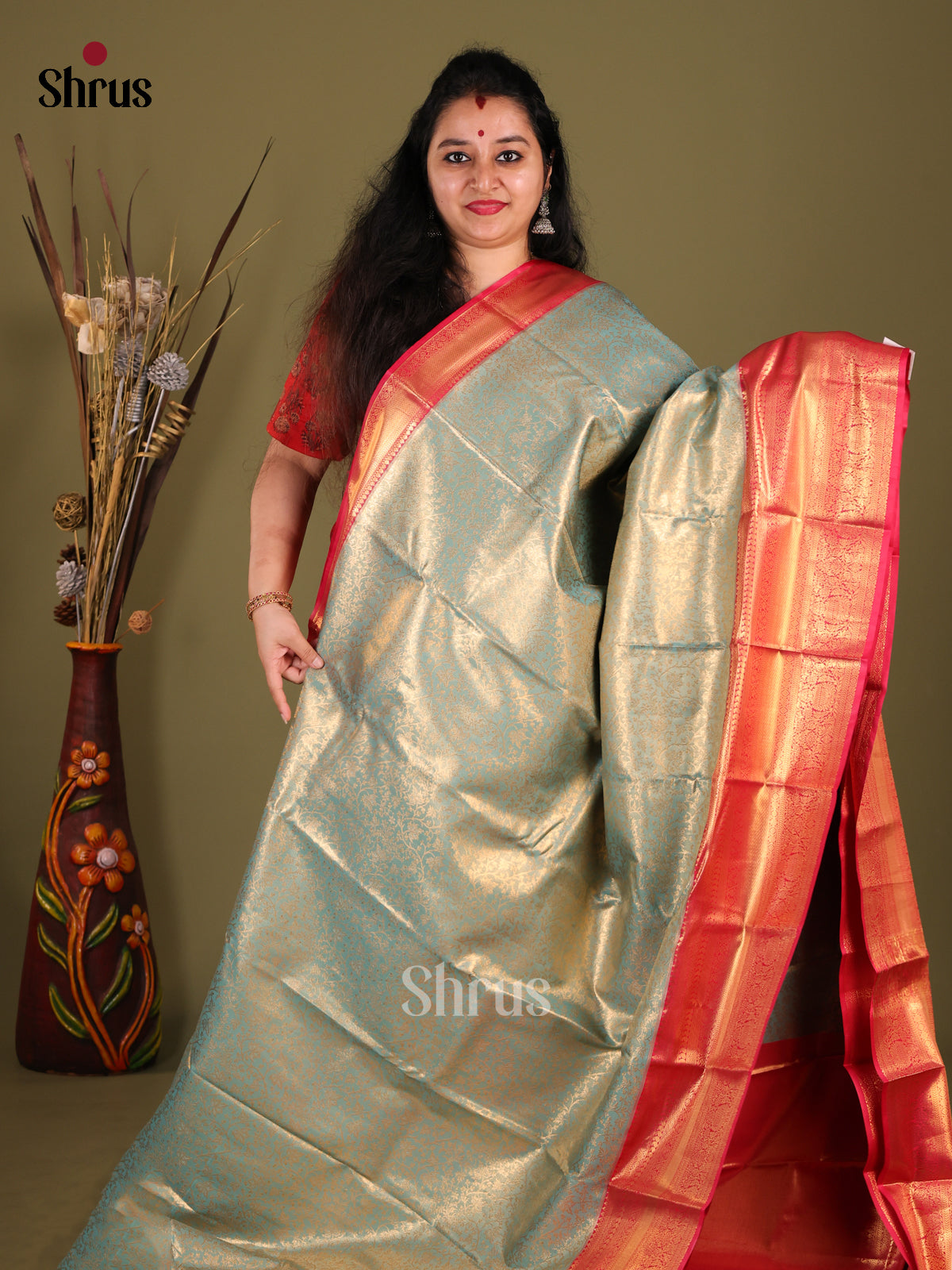 Blue & Red - Kanchipuram-halfpure Saree