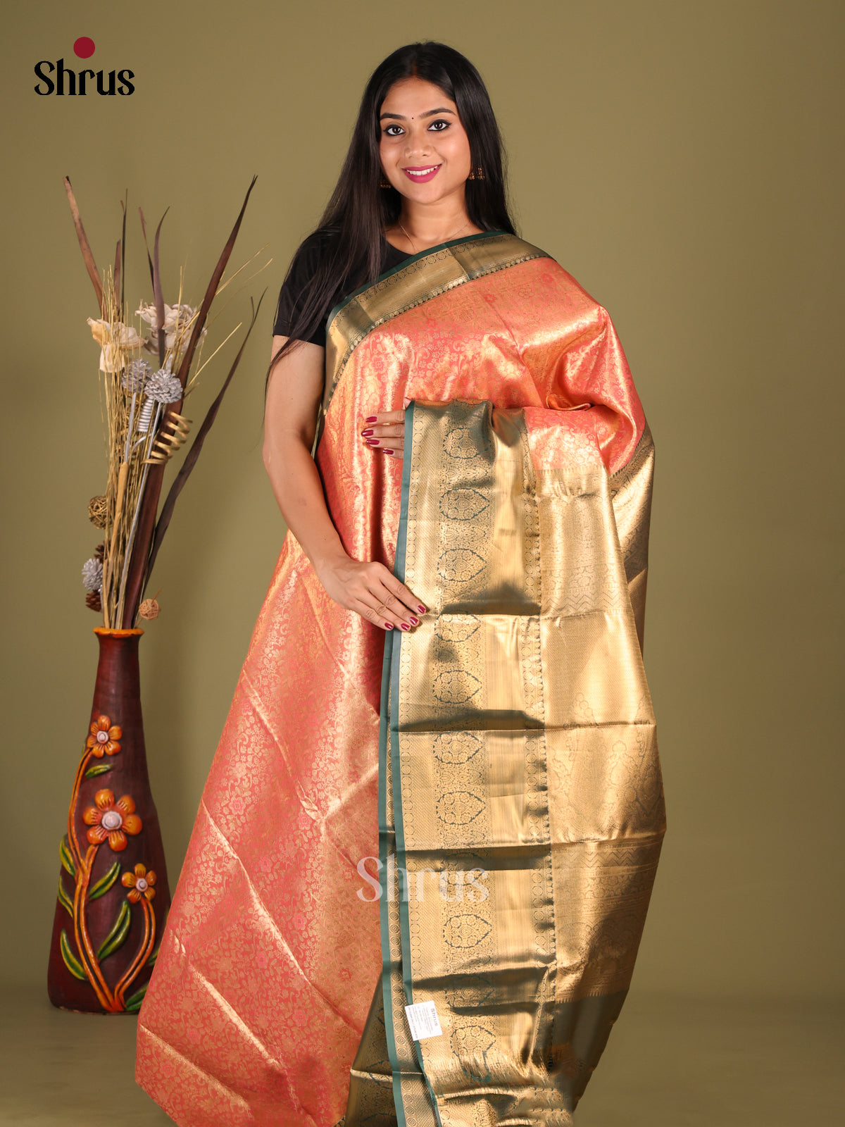 Peachish Pink & Green - Kanchipuram-halfpure Saree - Shop on Shrus.com