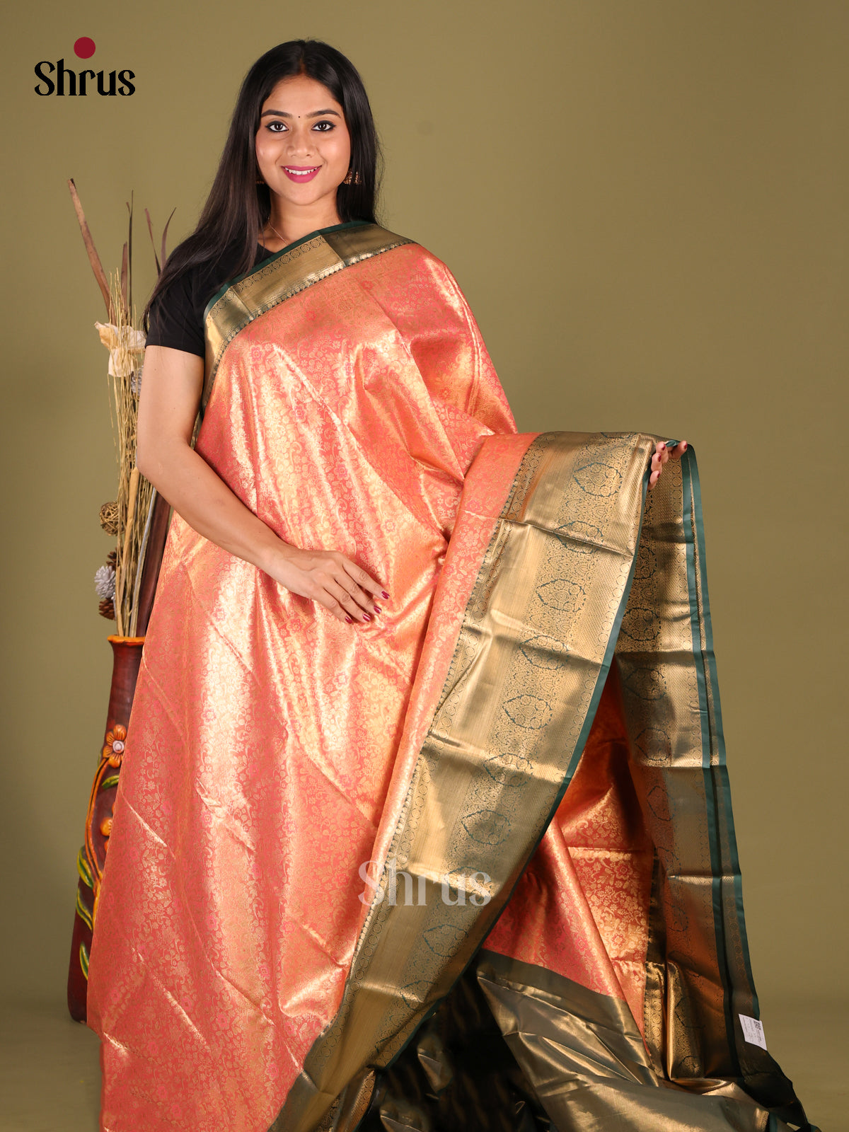 Peachish Pink & Green - Kanchipuram-halfpure Saree - Shop on Shrus.com