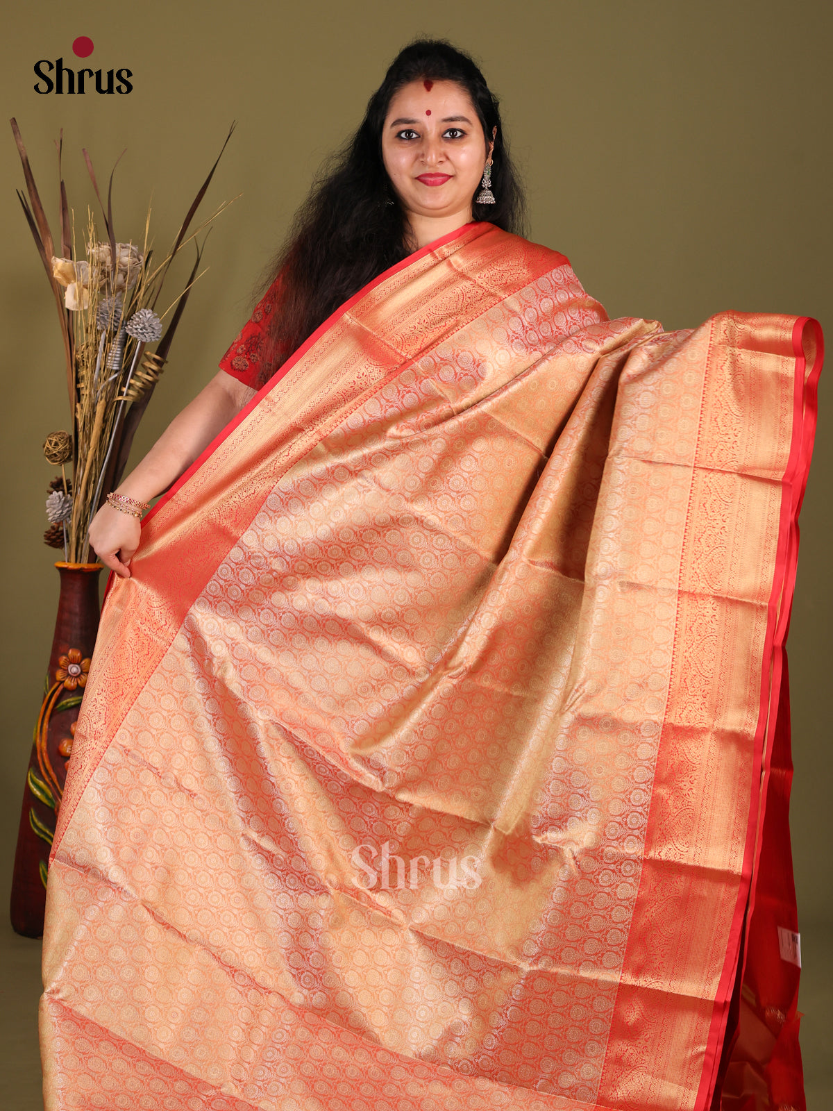 Gold & Red - Kanchipuram-halfpure Saree - Shop on Shrus.com