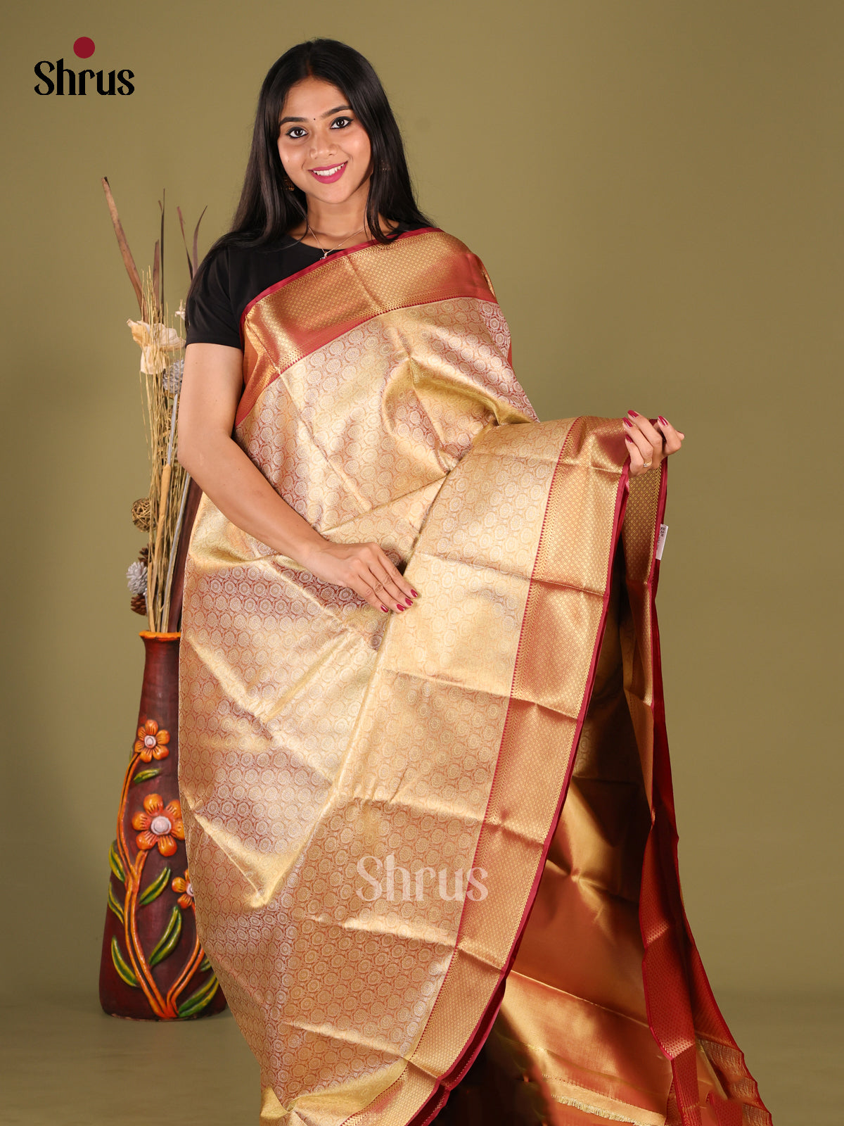 Gold & Maroon - Kanchipuram-halfpure Saree - Shop on Shrus.com