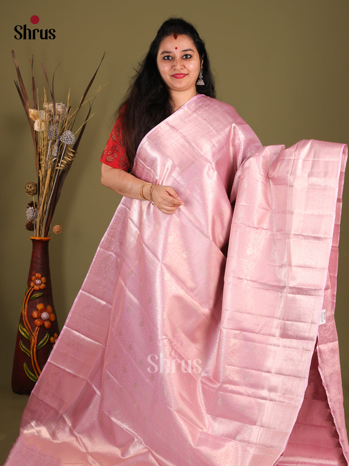 Pink(Single Tone)- Kanchipuram-halfpure Saree - Shop on Shrus.com