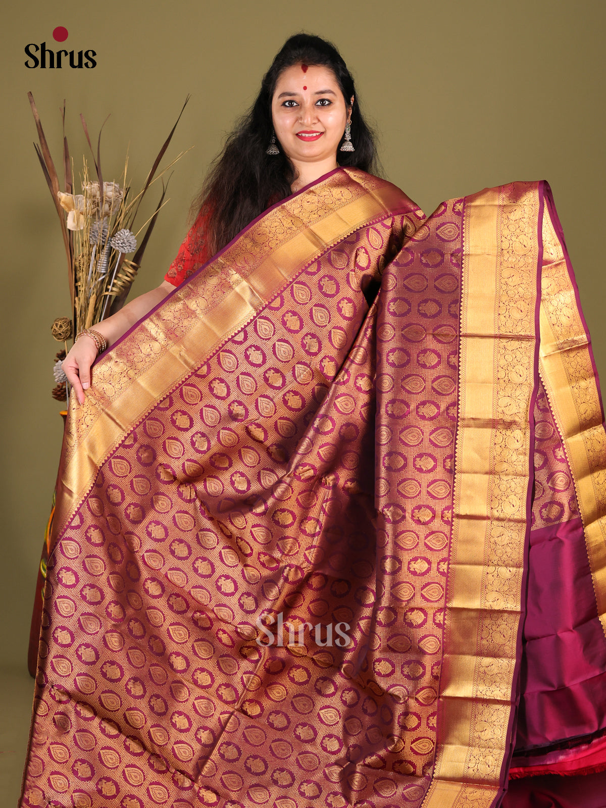 Rich Purple Kanjivaram Silk Saree with Golden Zari Woven Brocade Body & Grand Border -1