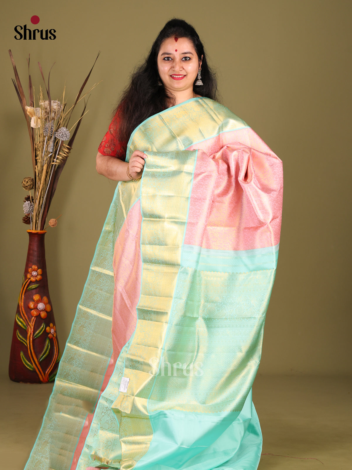 Radiant Pink Kanjivaram Saree with Golden floral brocade & Pastel Blue Zari Border