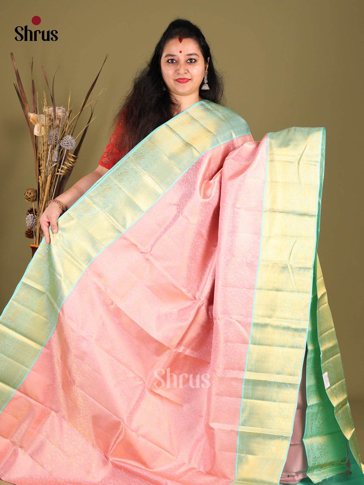 Radiant Pink Kanjivaram Saree with Golden floral brocade & Pastel Blue Zari Border -1
