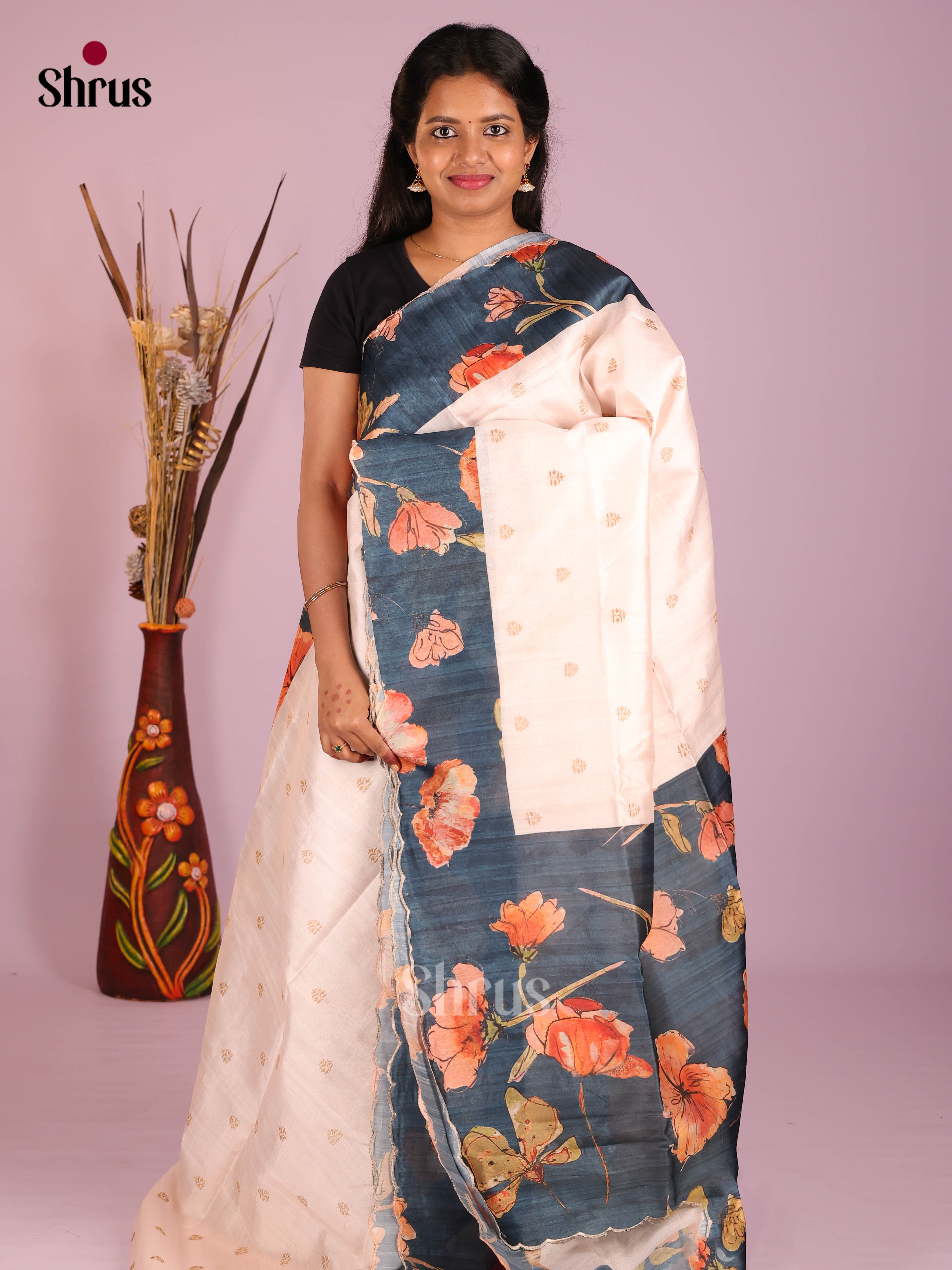 Cream & Blue- Moonga Silk Saree