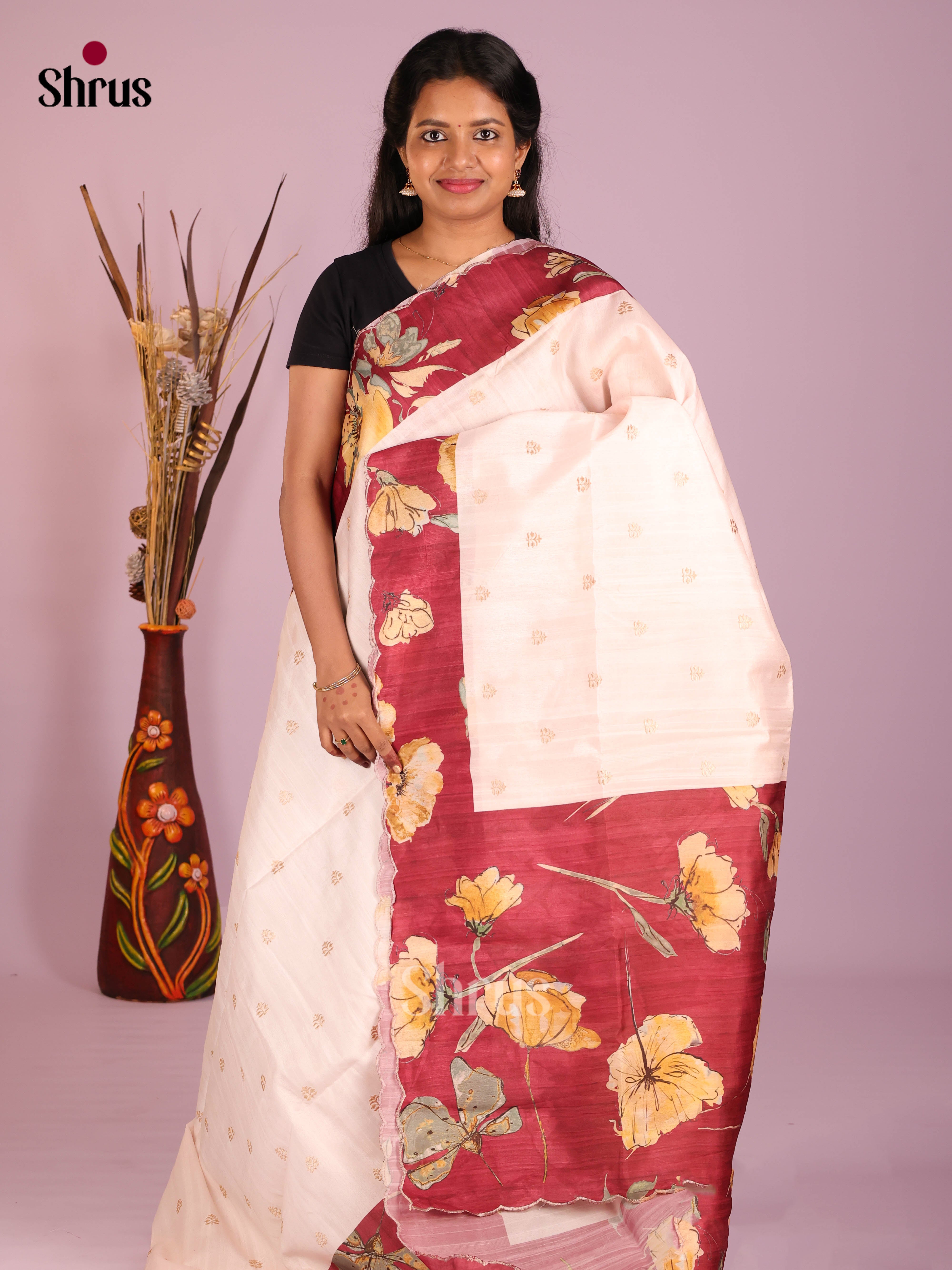 Cream & Maroon - Moonga Silk Saree