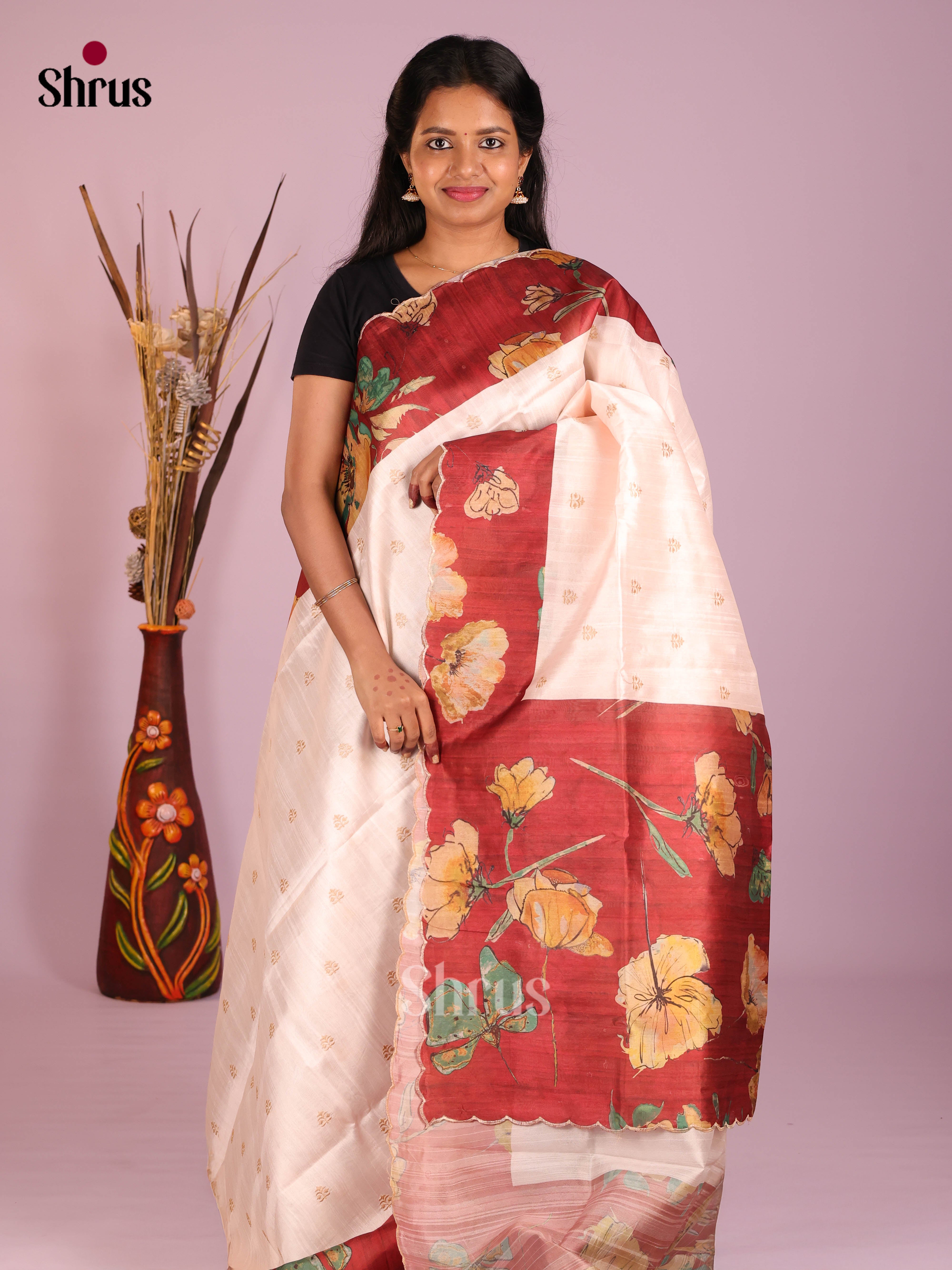 Cream & Red - Moonga Silk Saree