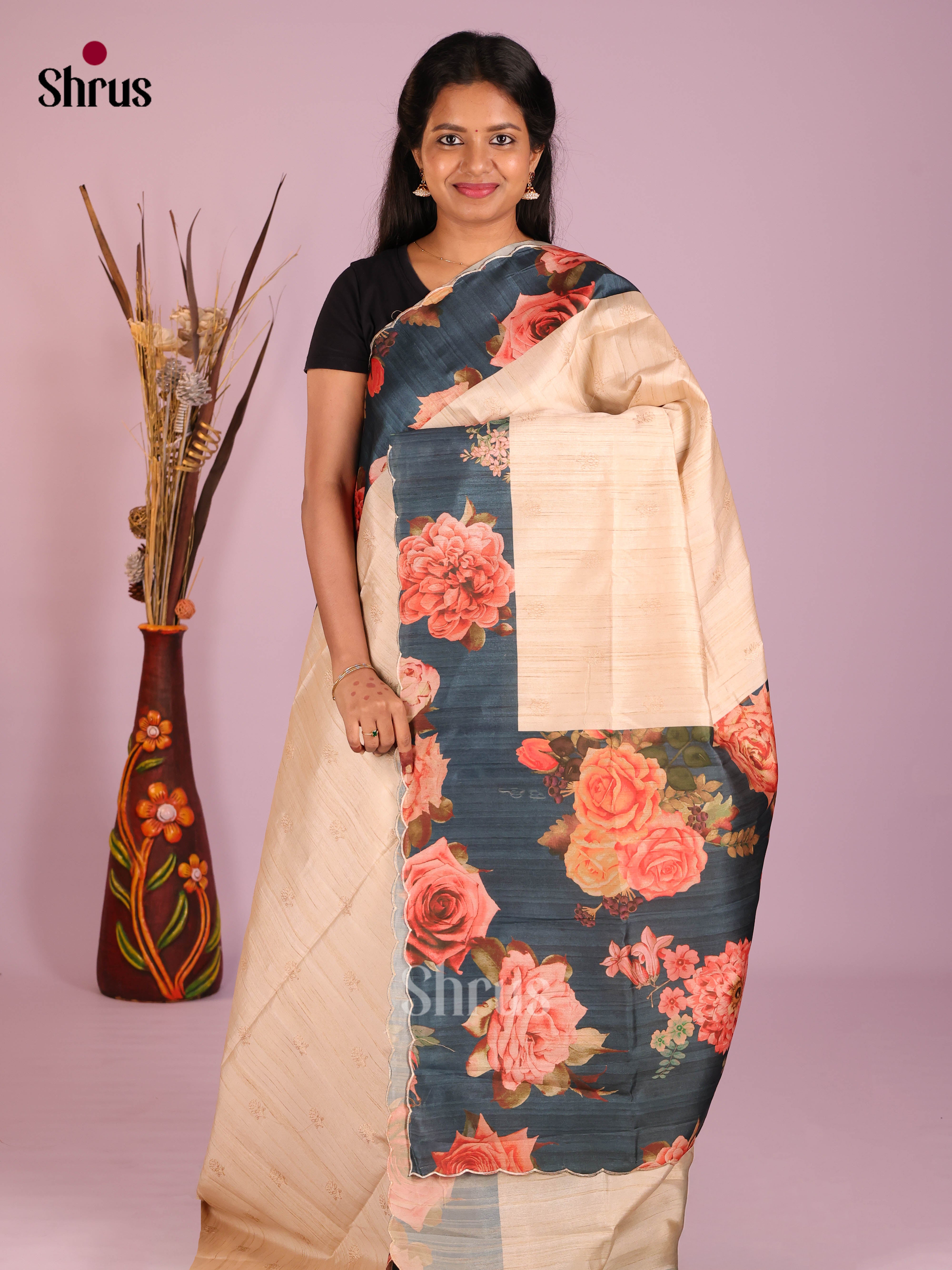 Cream & Blue- Moonga Silk Saree