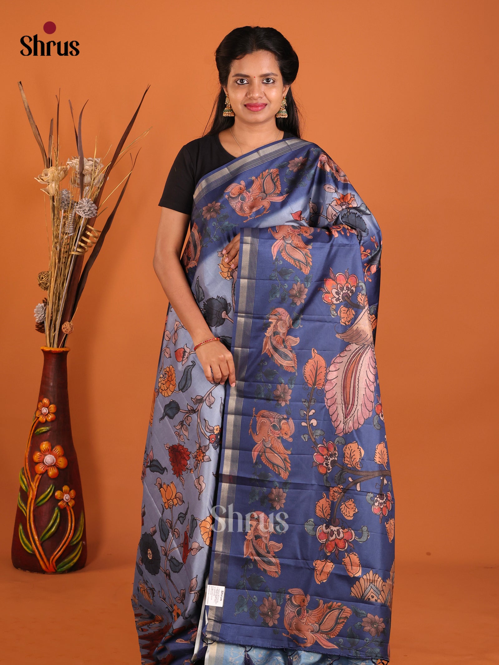Powder Blue & Blue- Moonga Silk Saree - Shop on Shrus.com