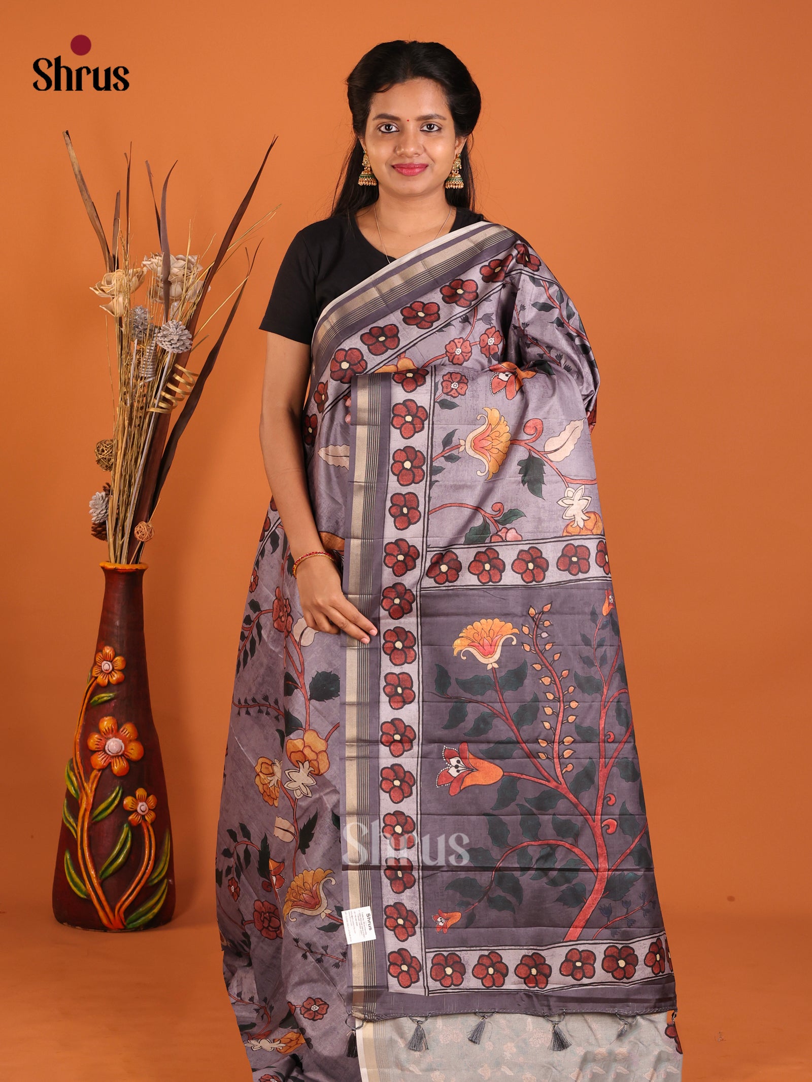Grey - Moonga Silk Saree