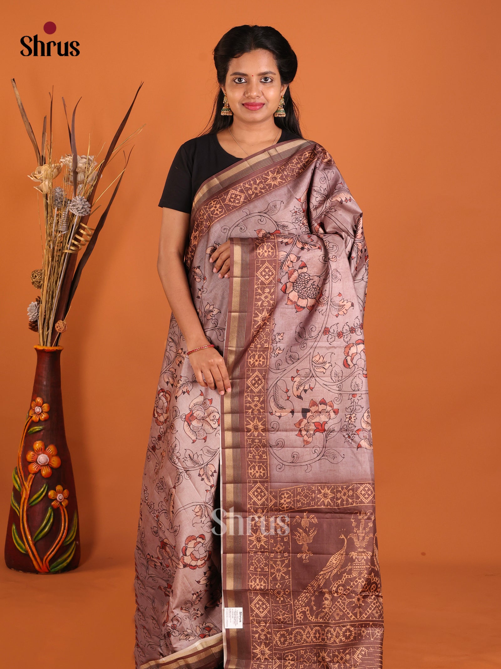 Grey & Brown - Moonga Silk Saree