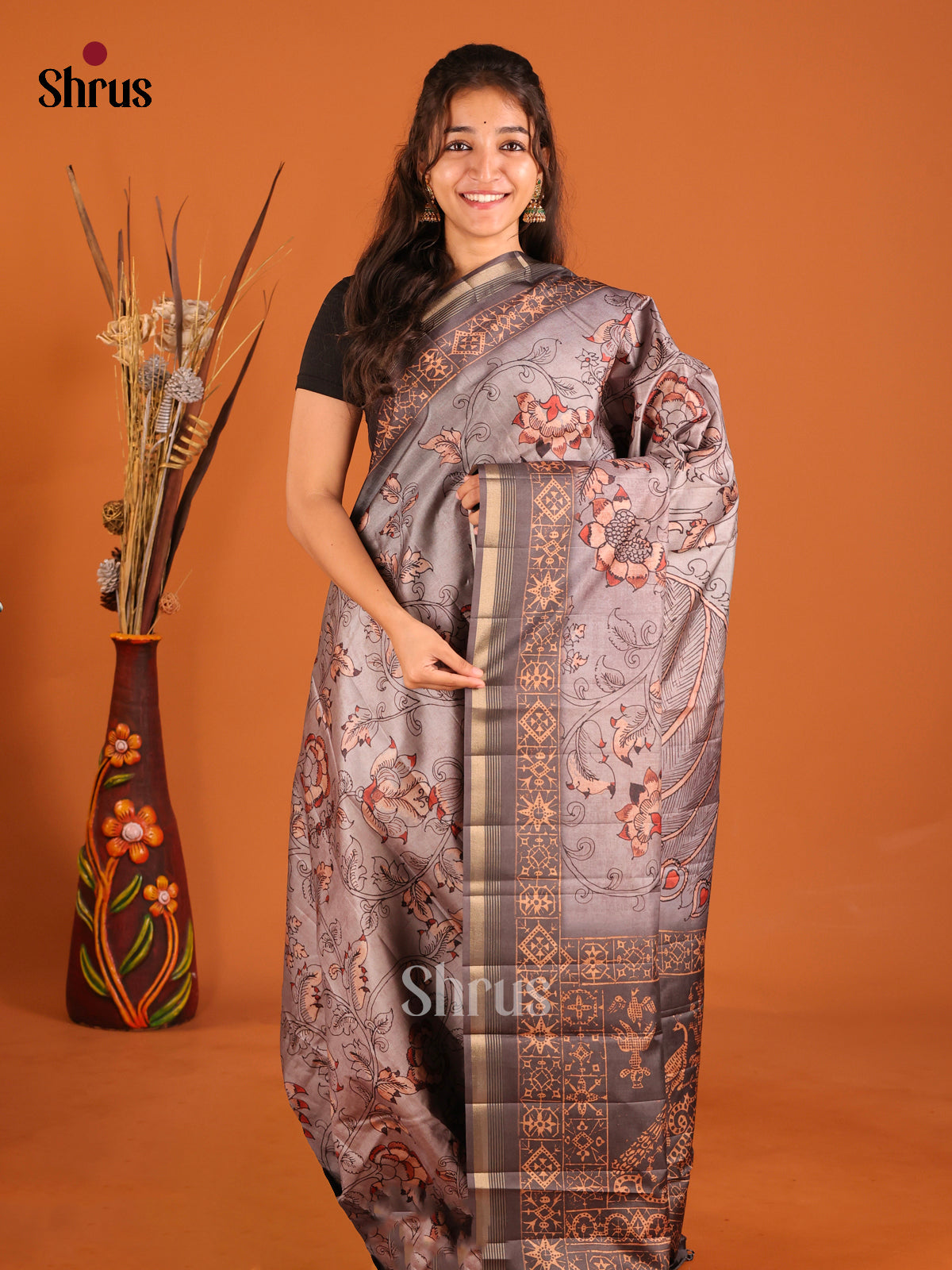 Grey - Moonga Silk Saree