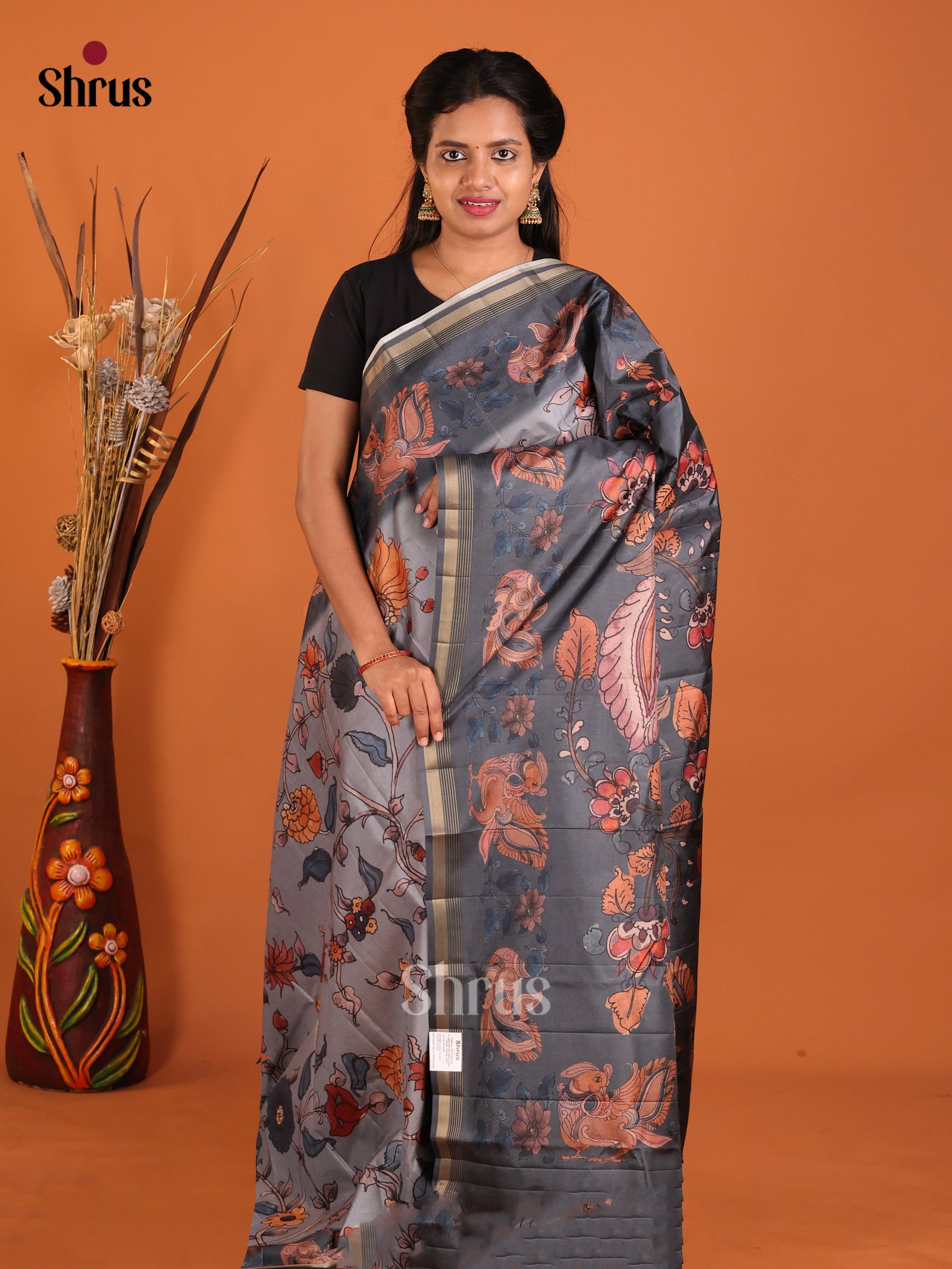 Grey & Black - Moonga Silk Saree