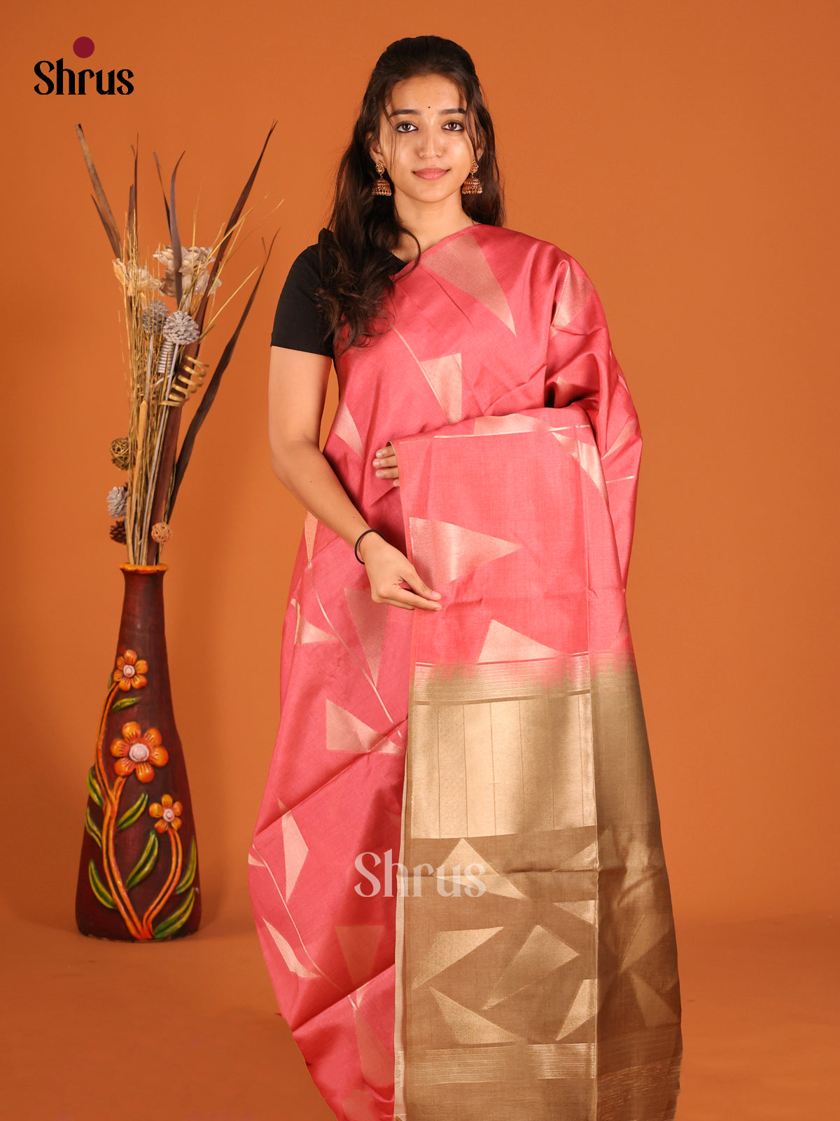 Pink &  Beige - Semi Tussar Saree - Shop on Shrus.com