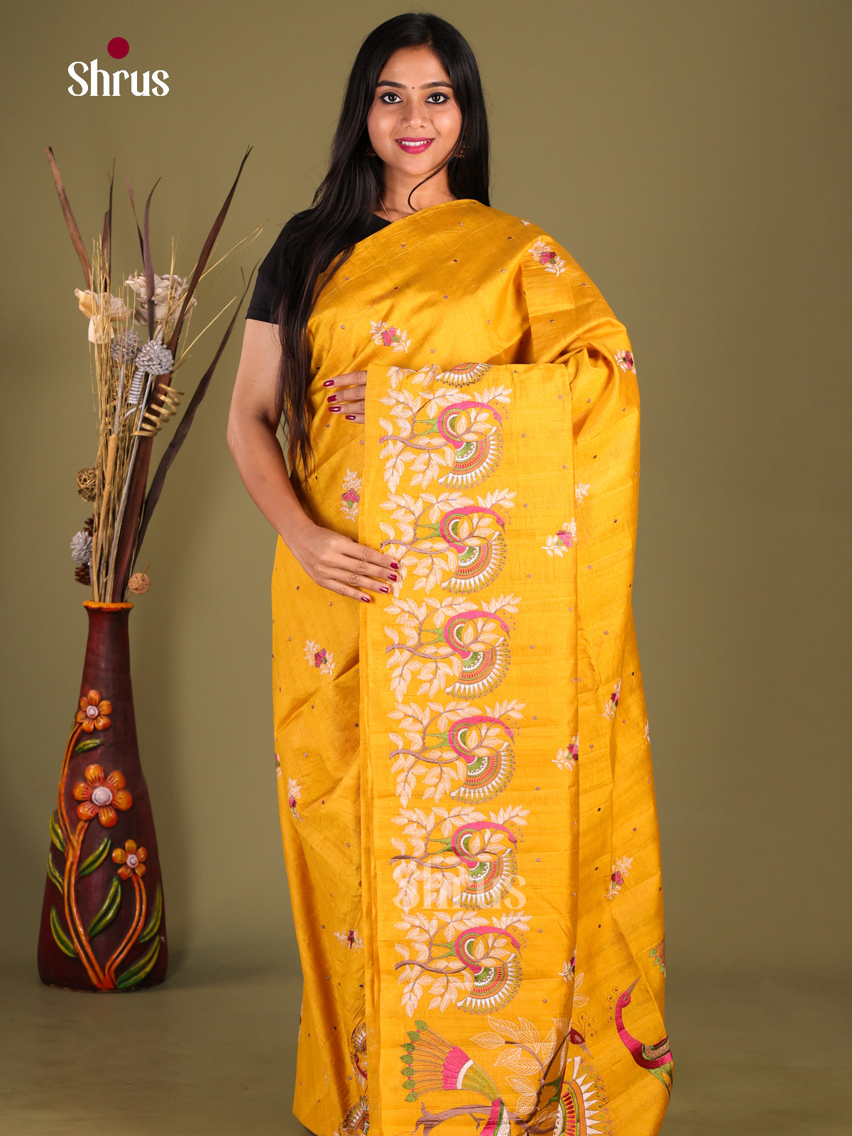 Mustard - Semi Rawsilk Saree - Shop on Shrus.com