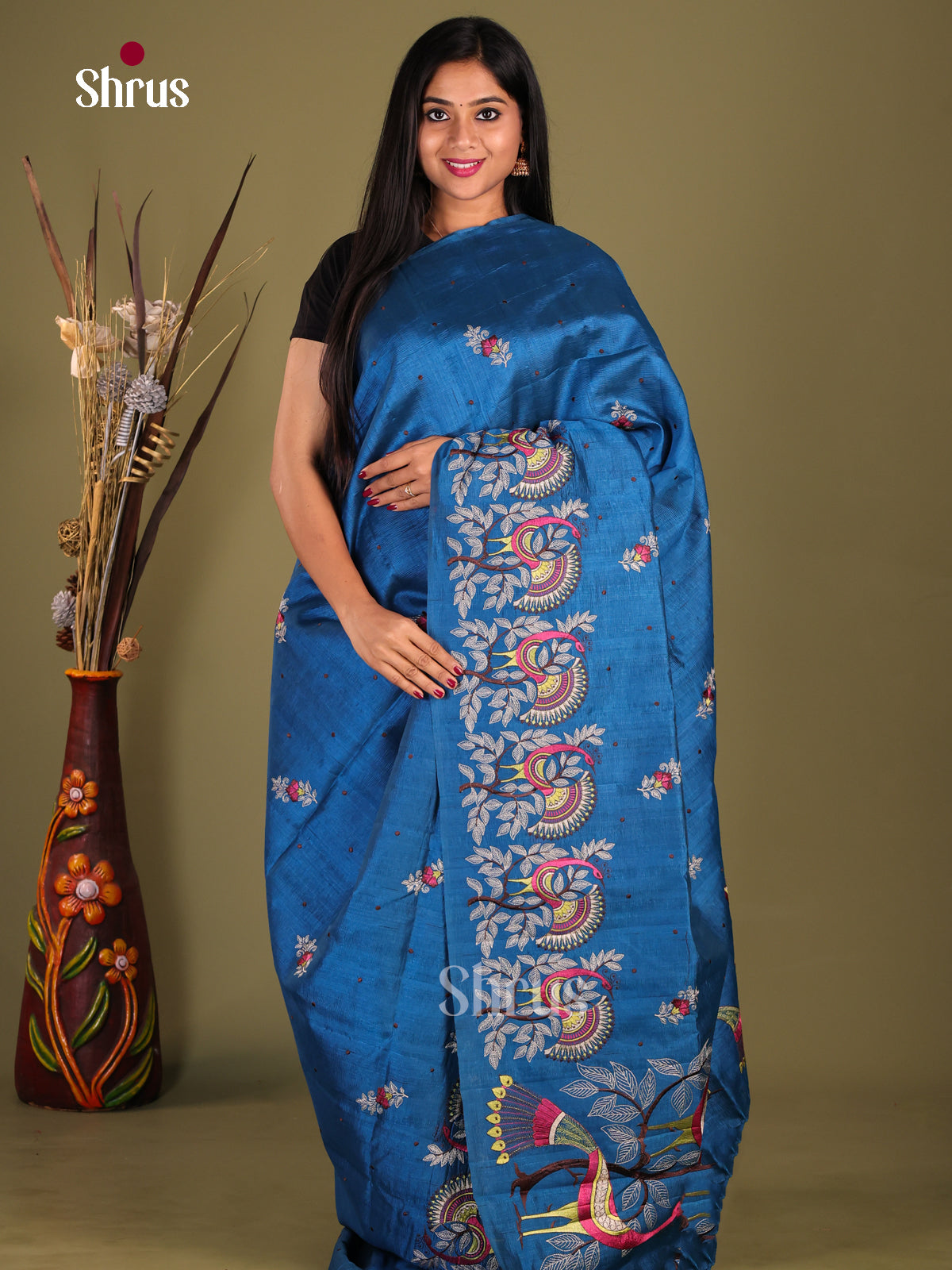 Blue- Semi Rawsilk Saree